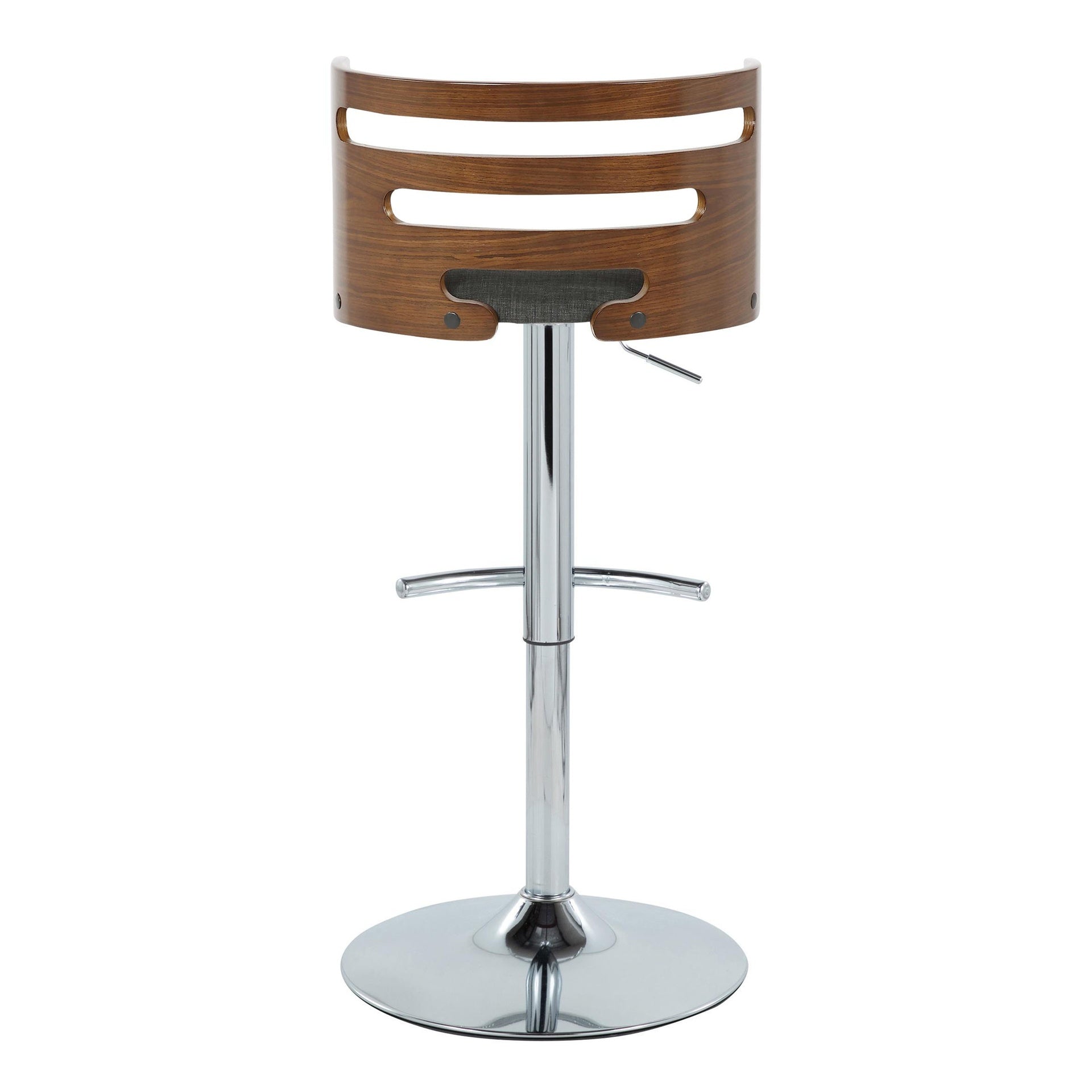 Cosi Mid-Century Modern Adjustable Barstool with Swivel in Chrome Metal, Walnut Wood and Charcoal Fabric with Rounded T Footrest by LumiSource - Set of 2