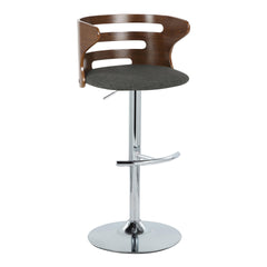Cosi Mid-Century Modern Adjustable Barstool with Swivel in Chrome Metal, Walnut Wood and Charcoal Fabric with Rounded T Footrest by LumiSource - Set of 2