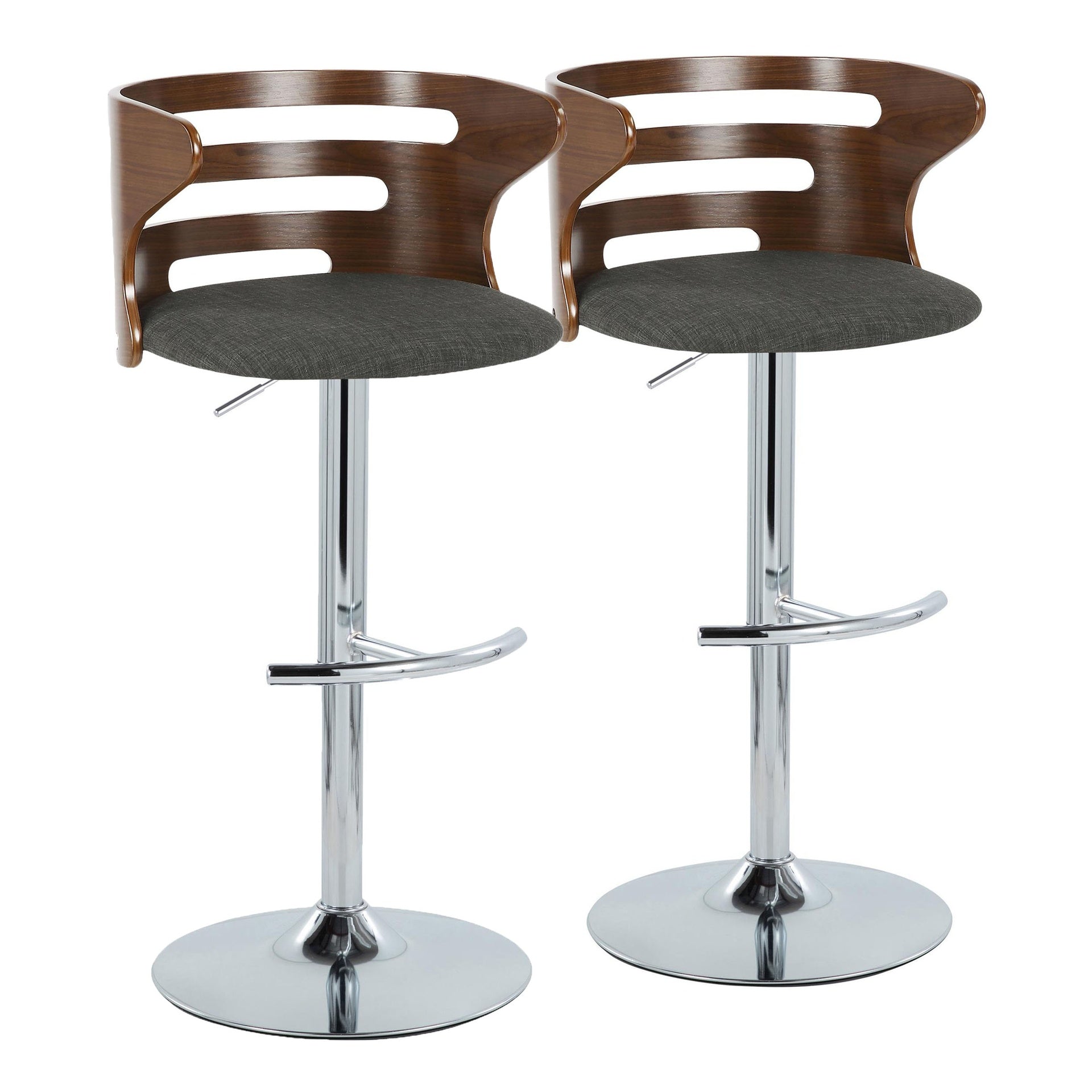 Cosi Mid-Century Modern Adjustable Barstool with Swivel in Chrome Metal, Walnut Wood and Charcoal Fabric with Rounded T Footrest by LumiSource - Set of 2