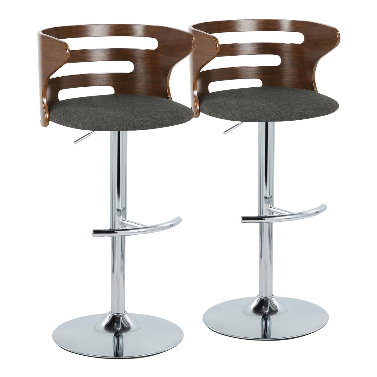 Cosi Mid-Century Modern Adjustable Barstool with Swivel in Chrome Metal, Walnut Wood and Charcoal Fabric with Rounded T Footrest by LumiSource - Set of 2