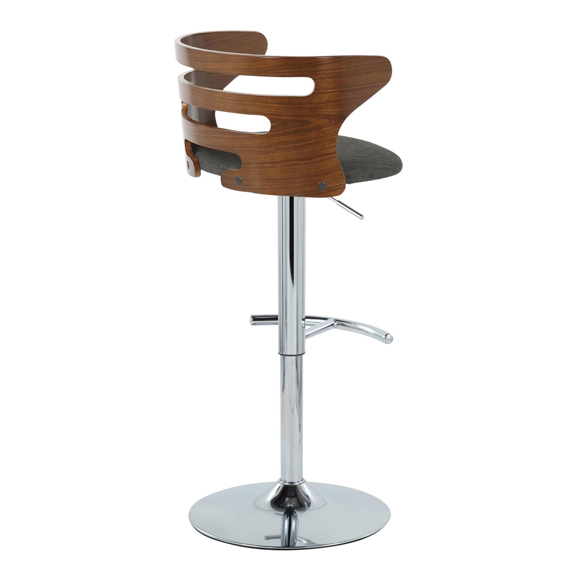 Cosi Mid-Century Modern Adjustable Barstool with Swivel in Chrome Metal, Walnut Wood and Charcoal Fabric with Rounded T Footrest by LumiSource - Set of 2