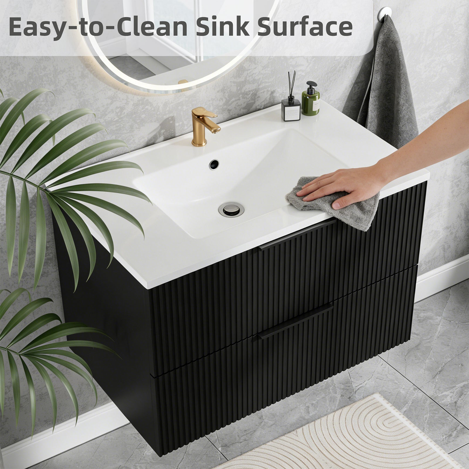30 Inch Bathroom Vanity Cabinet With Ceramic Sink - Black Wall Mounted Floating Fluted Vanity With Drawers, Modern