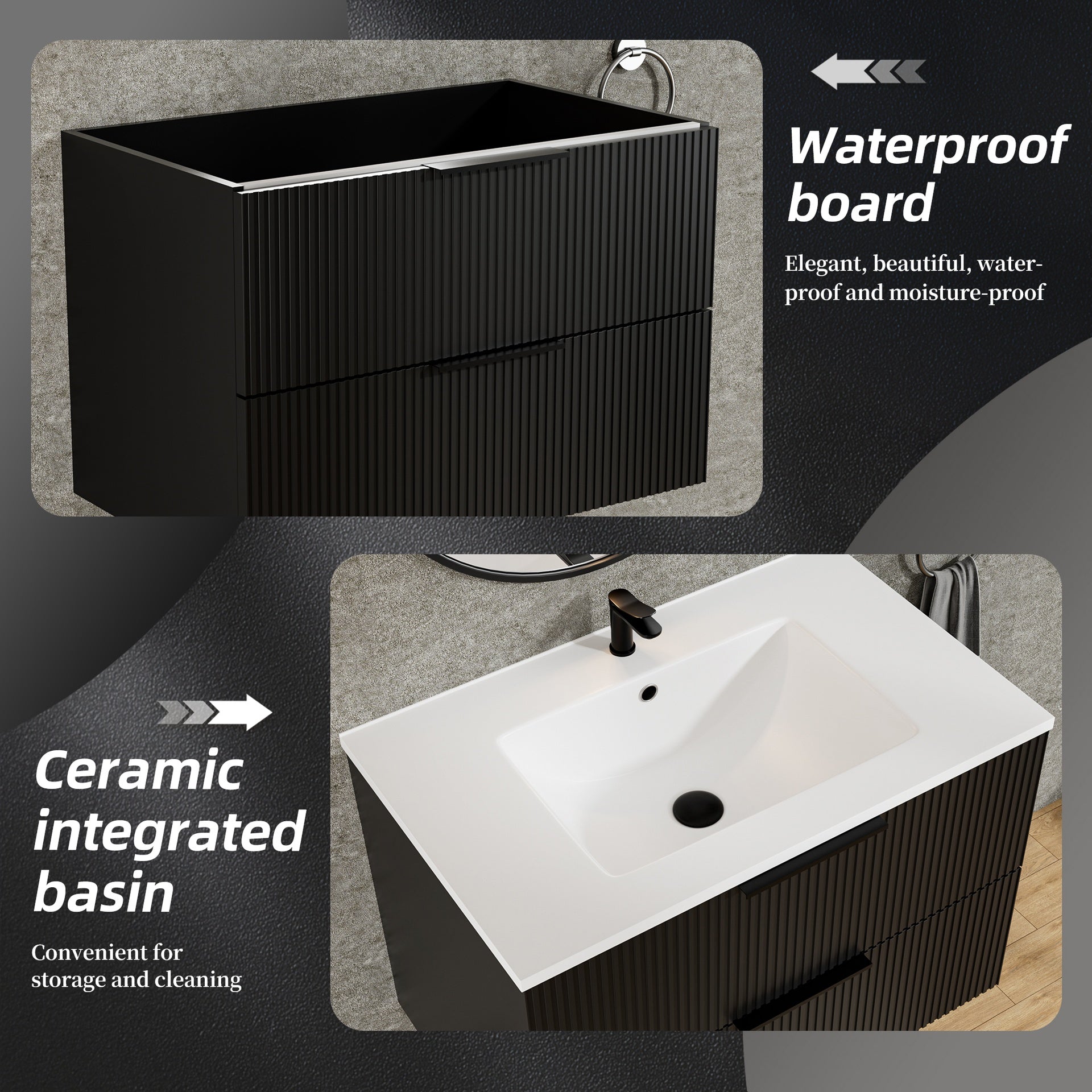 30 Inch Bathroom Vanity Cabinet With Ceramic Sink - Black Wall Mounted Floating Fluted Vanity With Drawers, Modern