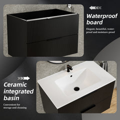 30 Inch Bathroom Vanity Cabinet With Ceramic Sink - Black Wall Mounted Floating Fluted Vanity With Drawers, Modern