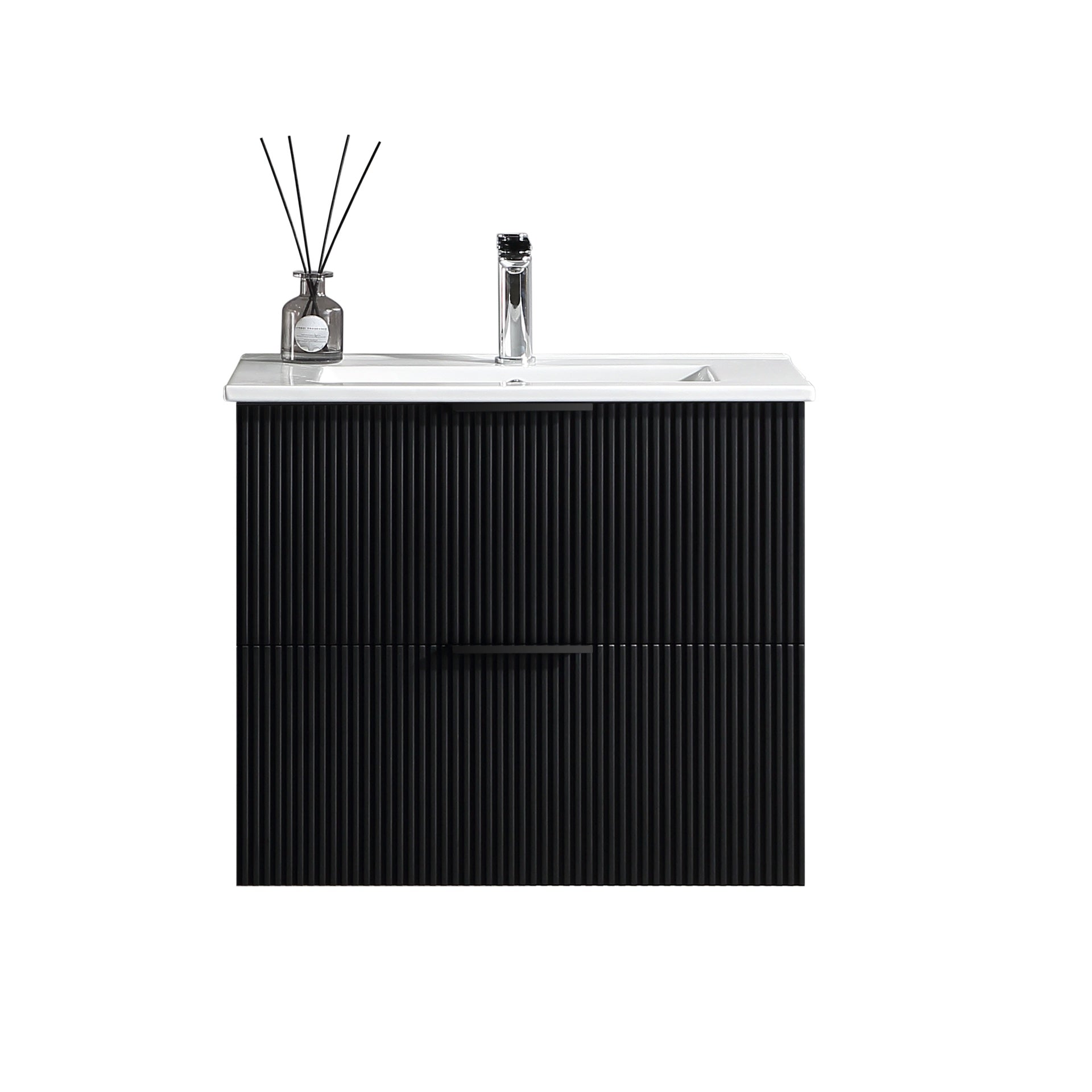 30 Inch Bathroom Vanity Cabinet With Ceramic Sink - Black Wall Mounted Floating Fluted Vanity With Drawers, Modern
