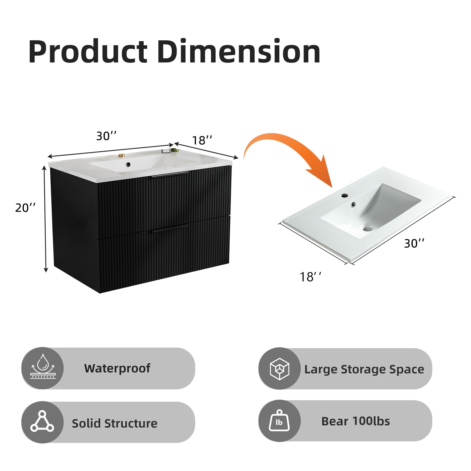 30 Inch Bathroom Vanity Cabinet With Ceramic Sink - Black Wall Mounted Floating Fluted Vanity With Drawers, Modern