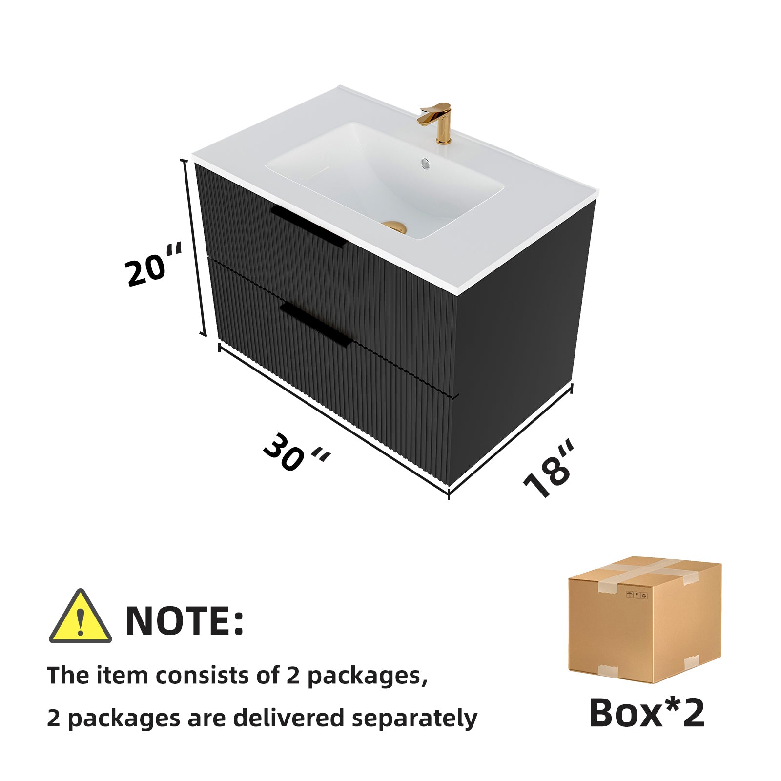 30 Inch Bathroom Vanity Cabinet With Ceramic Sink - Black Wall Mounted Floating Fluted Vanity With Drawers, Modern