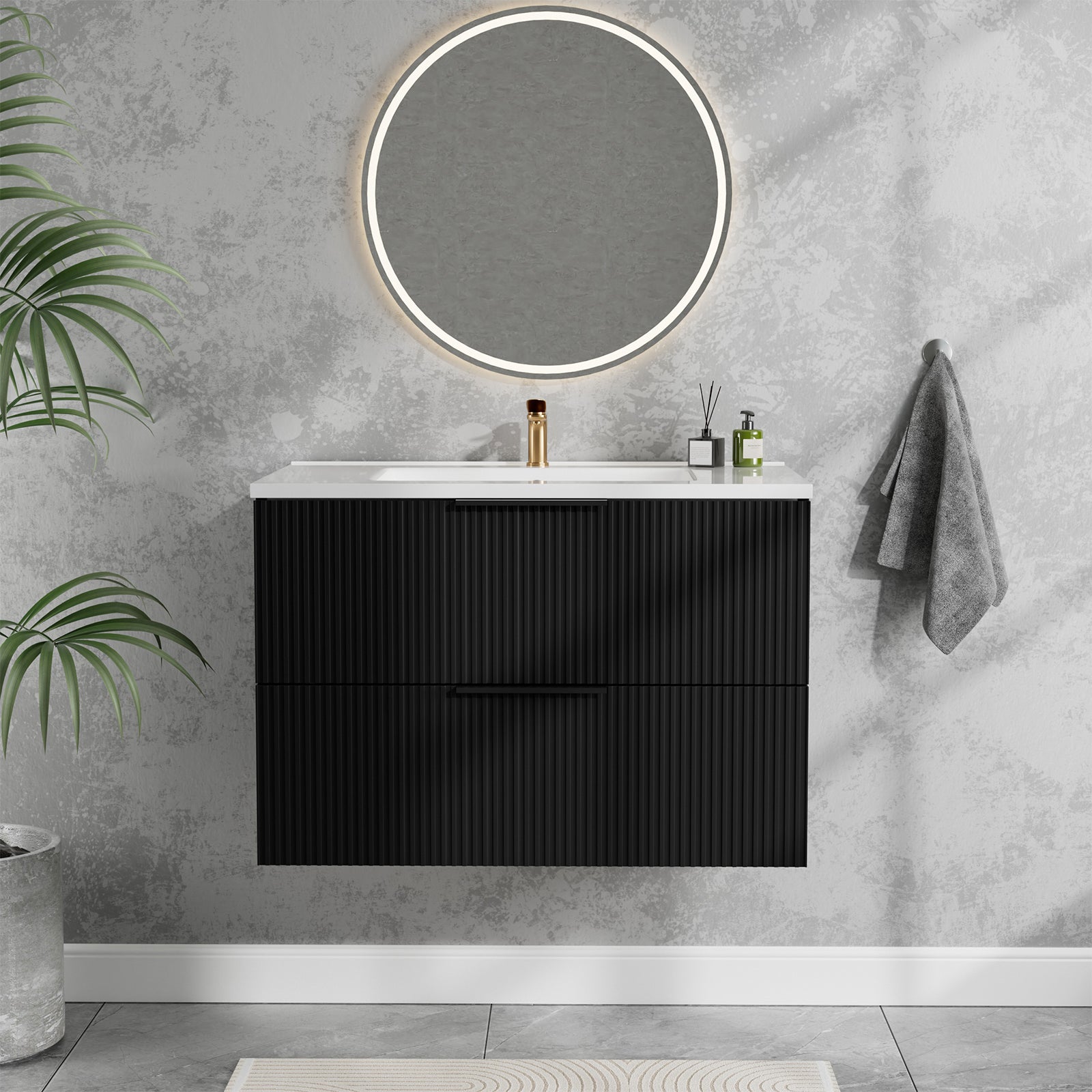 30 Inch Bathroom Vanity Cabinet With Ceramic Sink - Black Wall Mounted Floating Fluted Vanity With Drawers, Modern