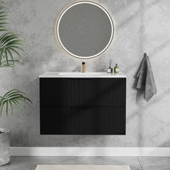30 Inch Bathroom Vanity Cabinet With Ceramic Sink - Black Wall Mounted Floating Fluted Vanity With Drawers, Modern