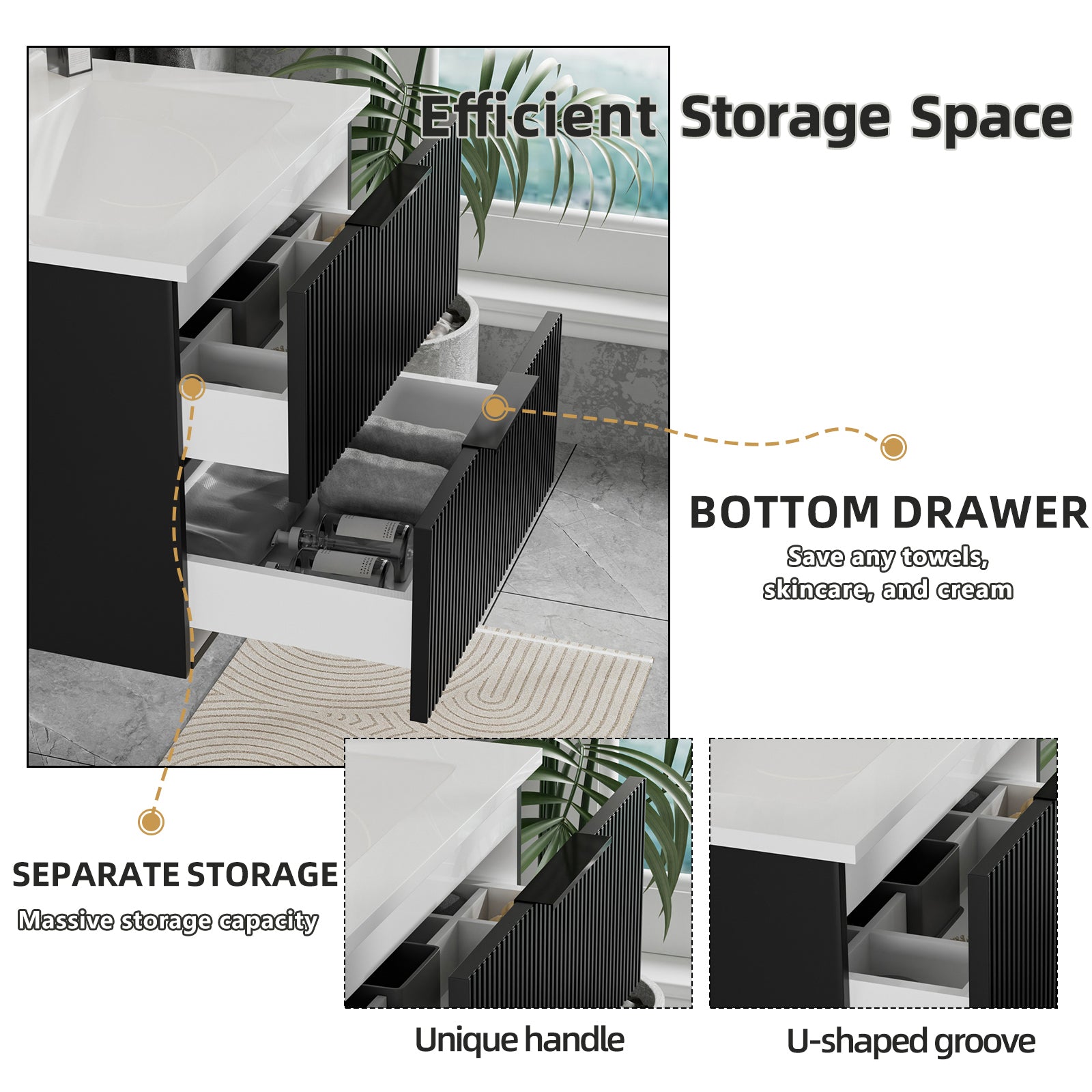 30 Inch Bathroom Vanity Cabinet With Ceramic Sink - Black Wall Mounted Floating Fluted Vanity With Drawers, Modern