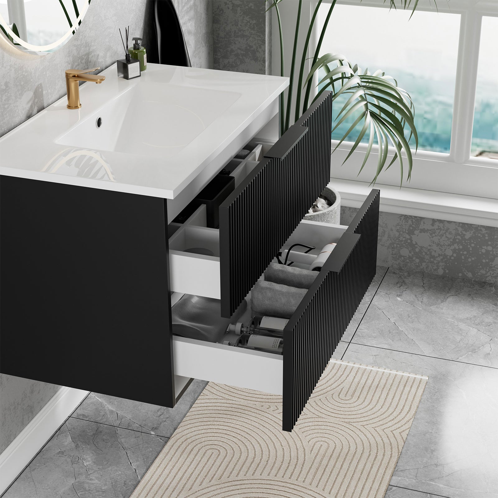 30 Inch Bathroom Vanity Cabinet With Ceramic Sink - Black Wall Mounted Floating Fluted Vanity With Drawers, Modern