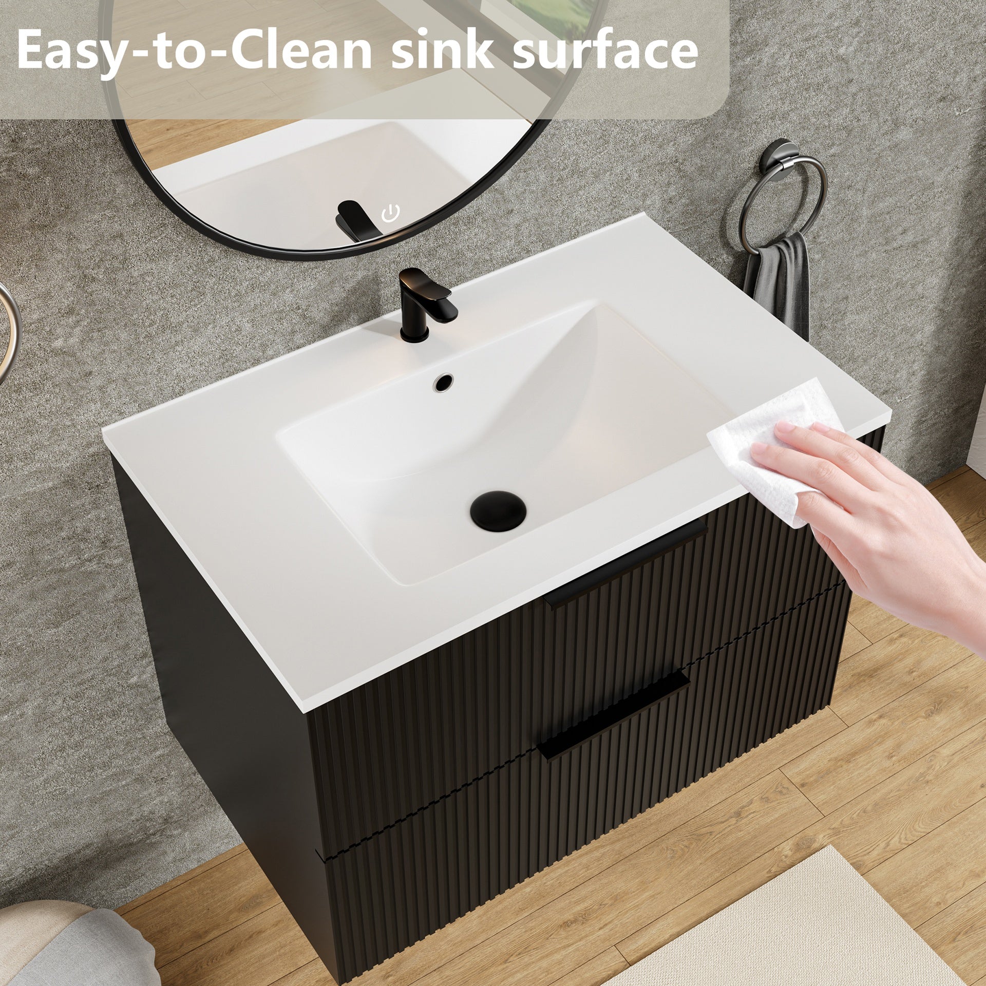 30 Inch Bathroom Vanity Cabinet With Ceramic Sink - Black Wall Mounted Floating Fluted Vanity With Drawers, Modern