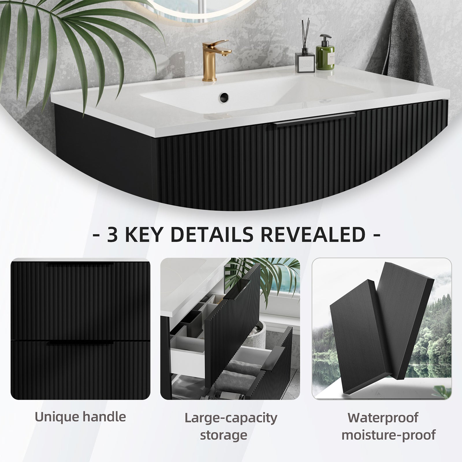 30 Inch Bathroom Vanity Cabinet With Ceramic Sink - Black Wall Mounted Floating Fluted Vanity With Drawers, Modern