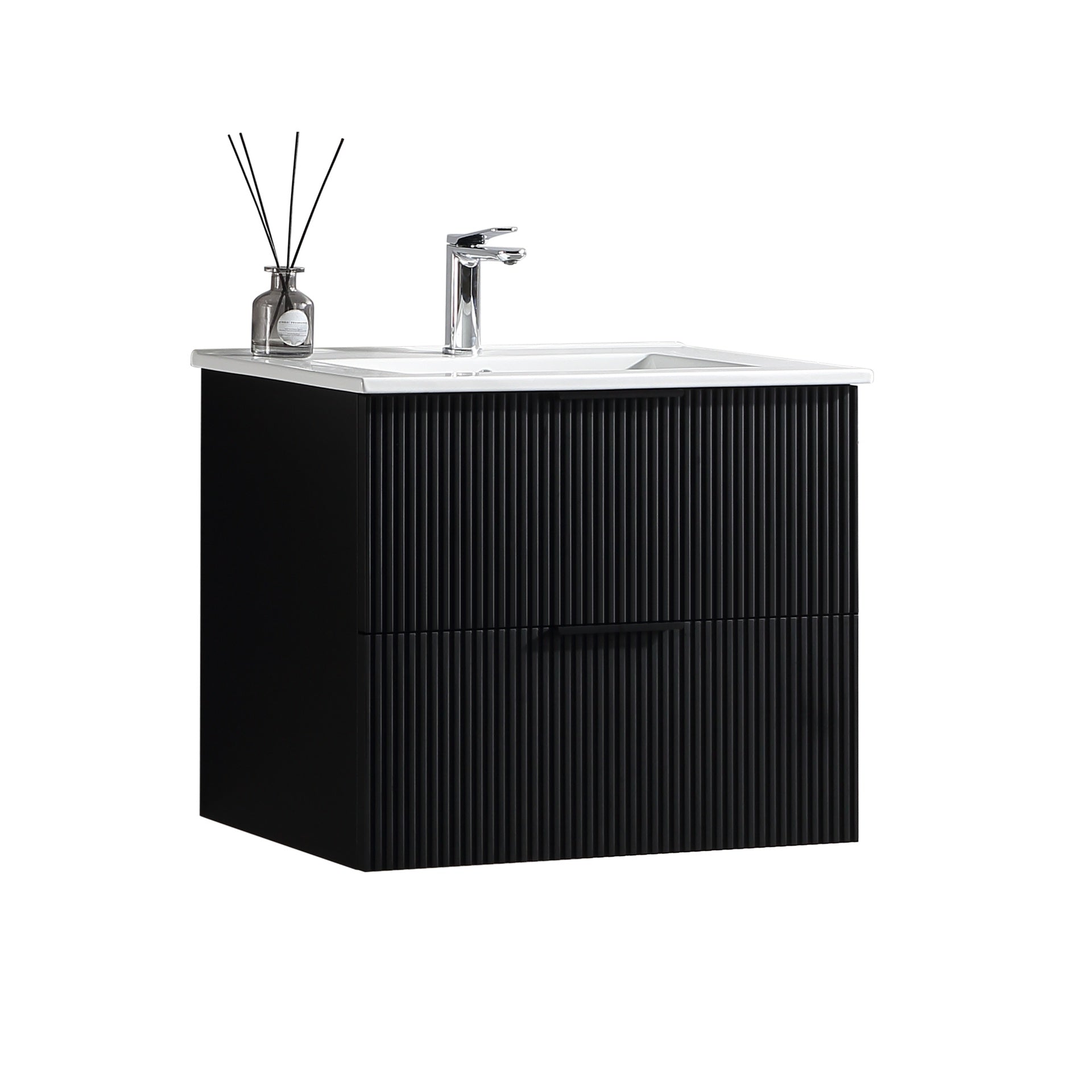 30 Inch Bathroom Vanity Cabinet With Ceramic Sink - Black Wall Mounted Floating Fluted Vanity With Drawers, Modern