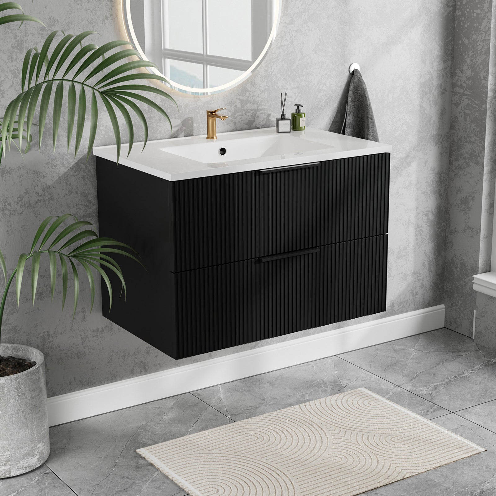 30 Inch Bathroom Vanity Cabinet With Ceramic Sink - Black Wall Mounted Floating Fluted Vanity With Drawers, Modern