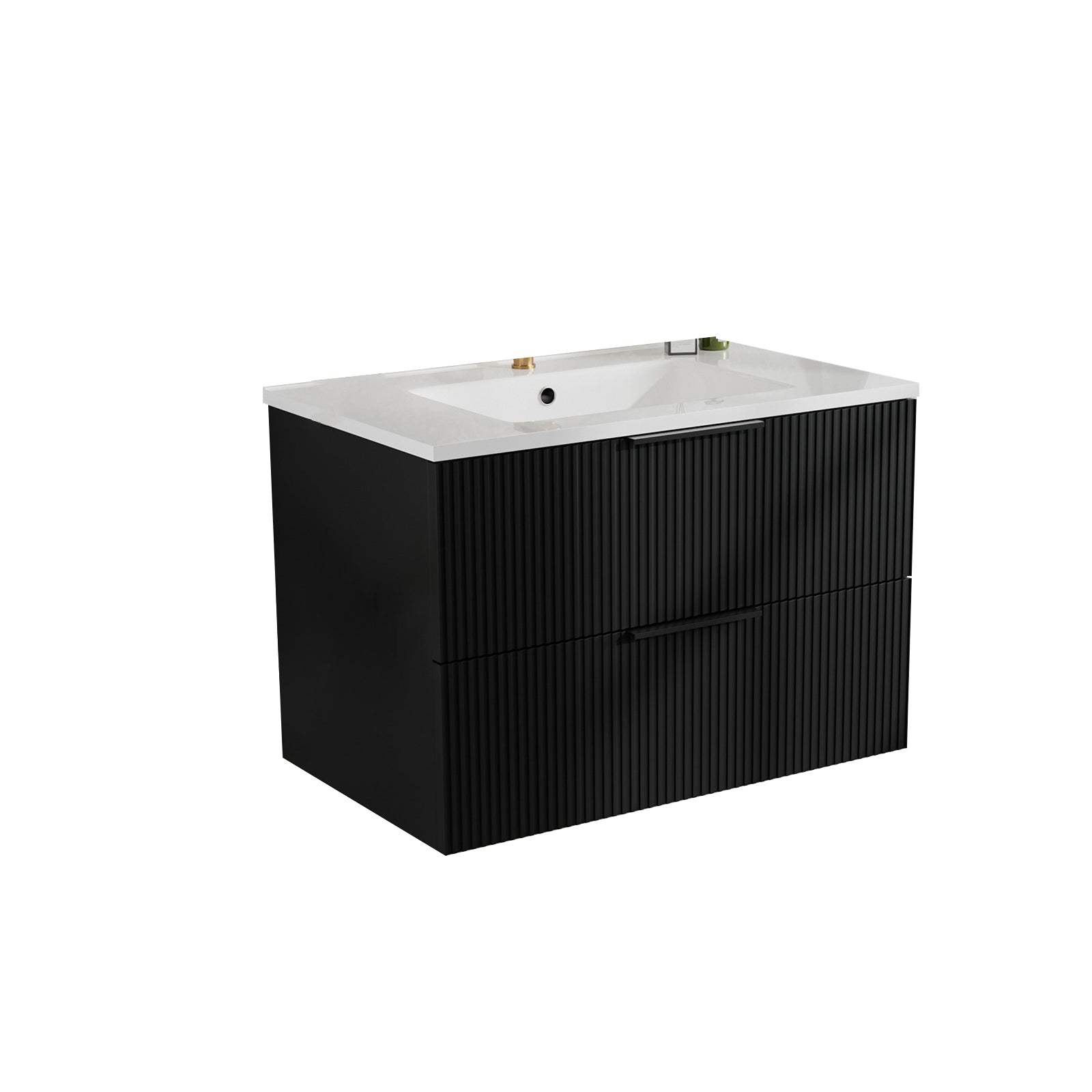 30 Inch Bathroom Vanity Cabinet With Ceramic Sink - Black Wall Mounted Floating Fluted Vanity With Drawers, Modern