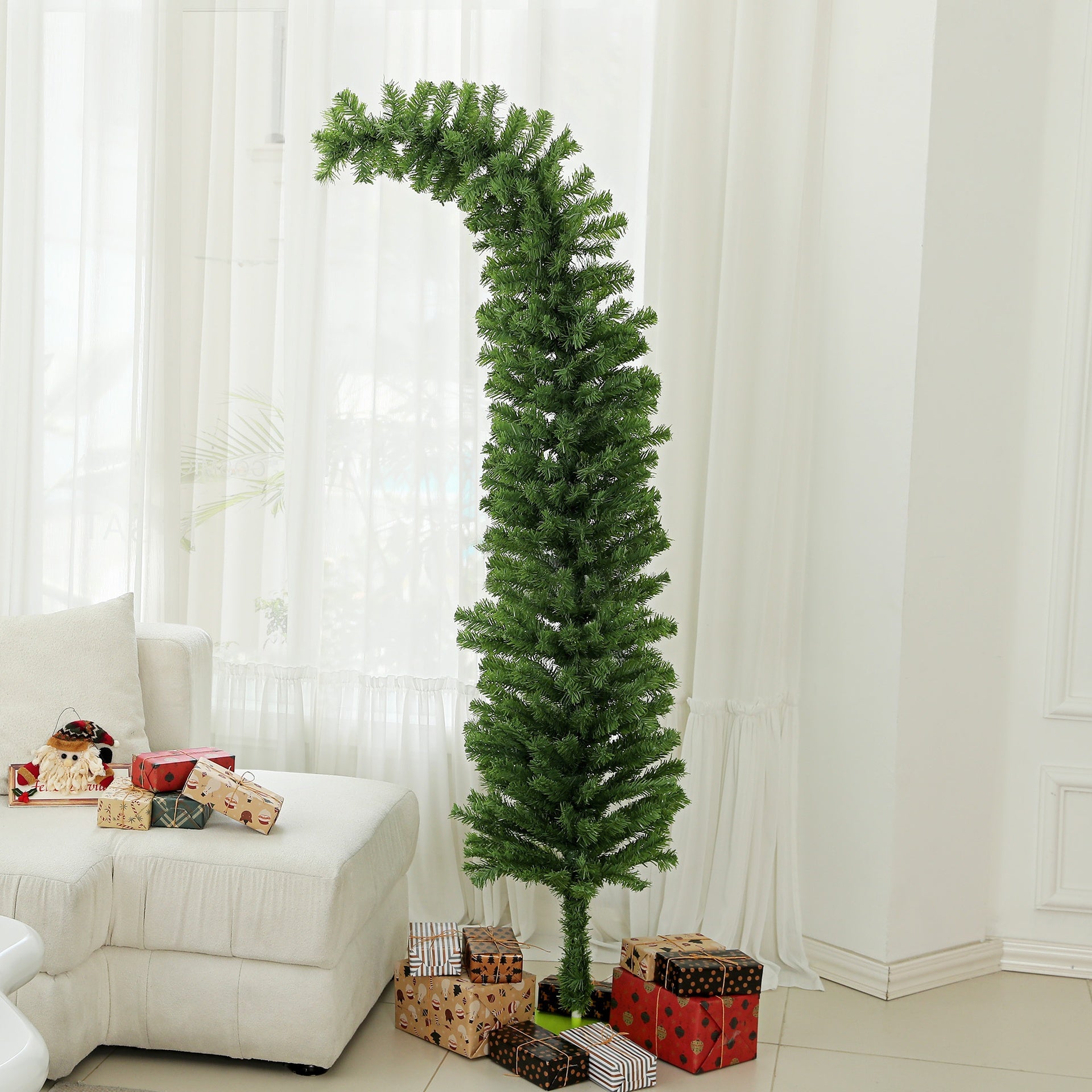 HOMCOM 6ft Whimsical Pencil Christmas Tree, Slim Artificial Christmas Tree with Bendable Top, 400 Branch Tips and Metal Base, Home Indoor Party Holiday Decoration, Green
