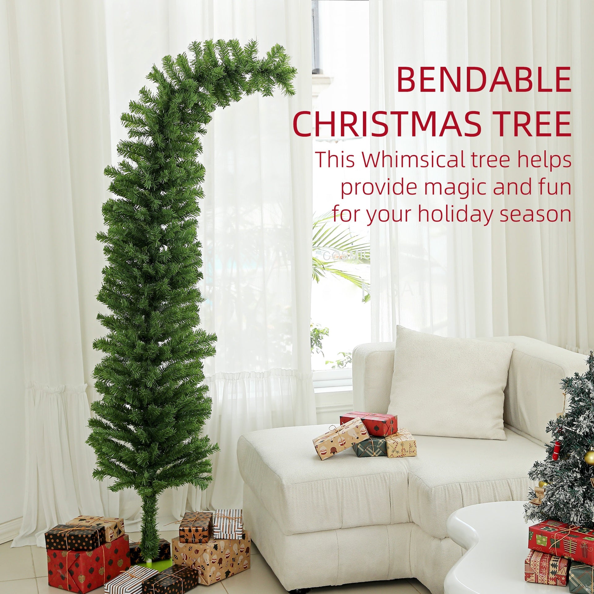 HOMCOM 6ft Whimsical Pencil Christmas Tree, Slim Artificial Christmas Tree with Bendable Top, 400 Branch Tips and Metal Base, Home Indoor Party Holiday Decoration, Green