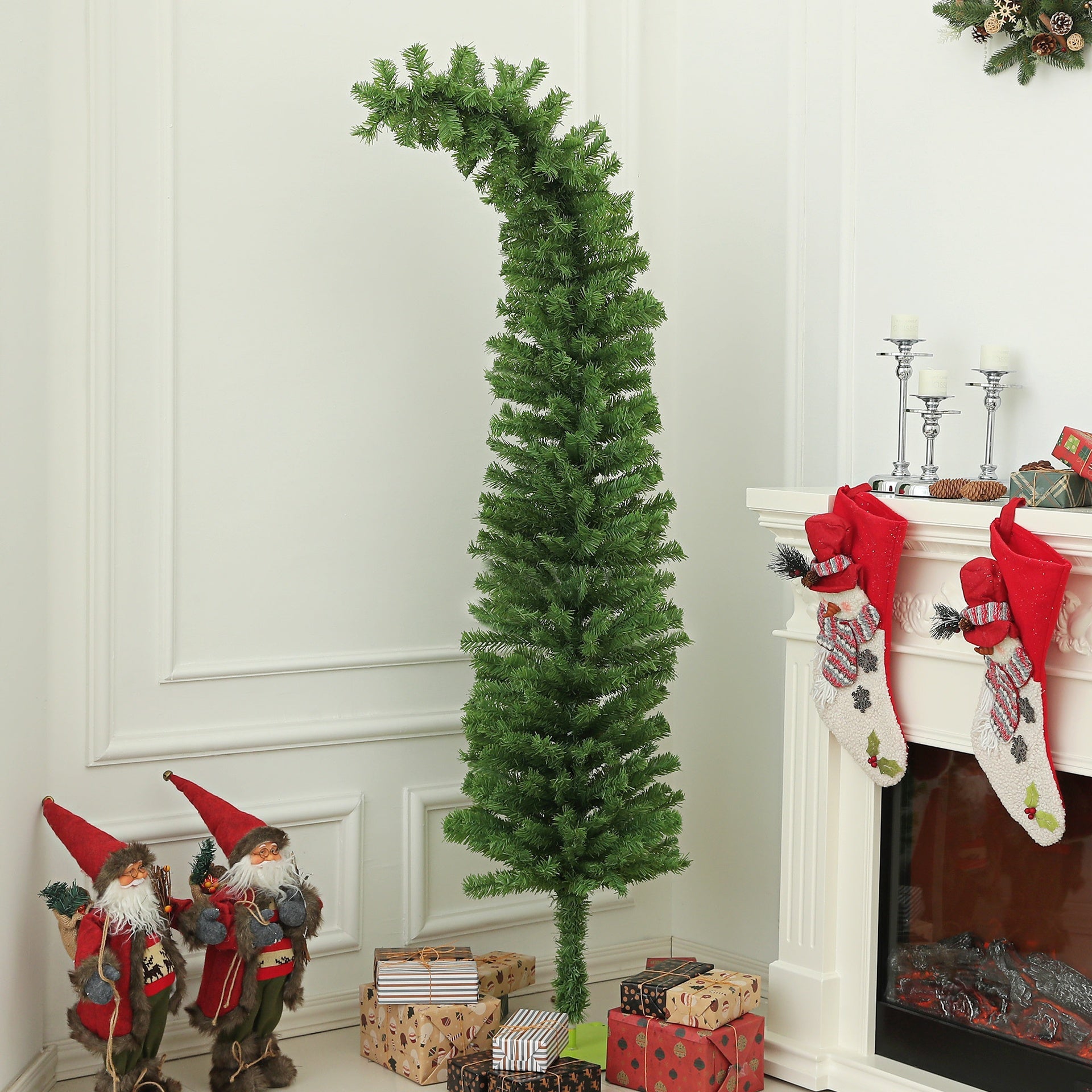 HOMCOM 6ft Whimsical Pencil Christmas Tree, Slim Artificial Christmas Tree with Bendable Top, 400 Branch Tips and Metal Base, Home Indoor Party Holiday Decoration, Green