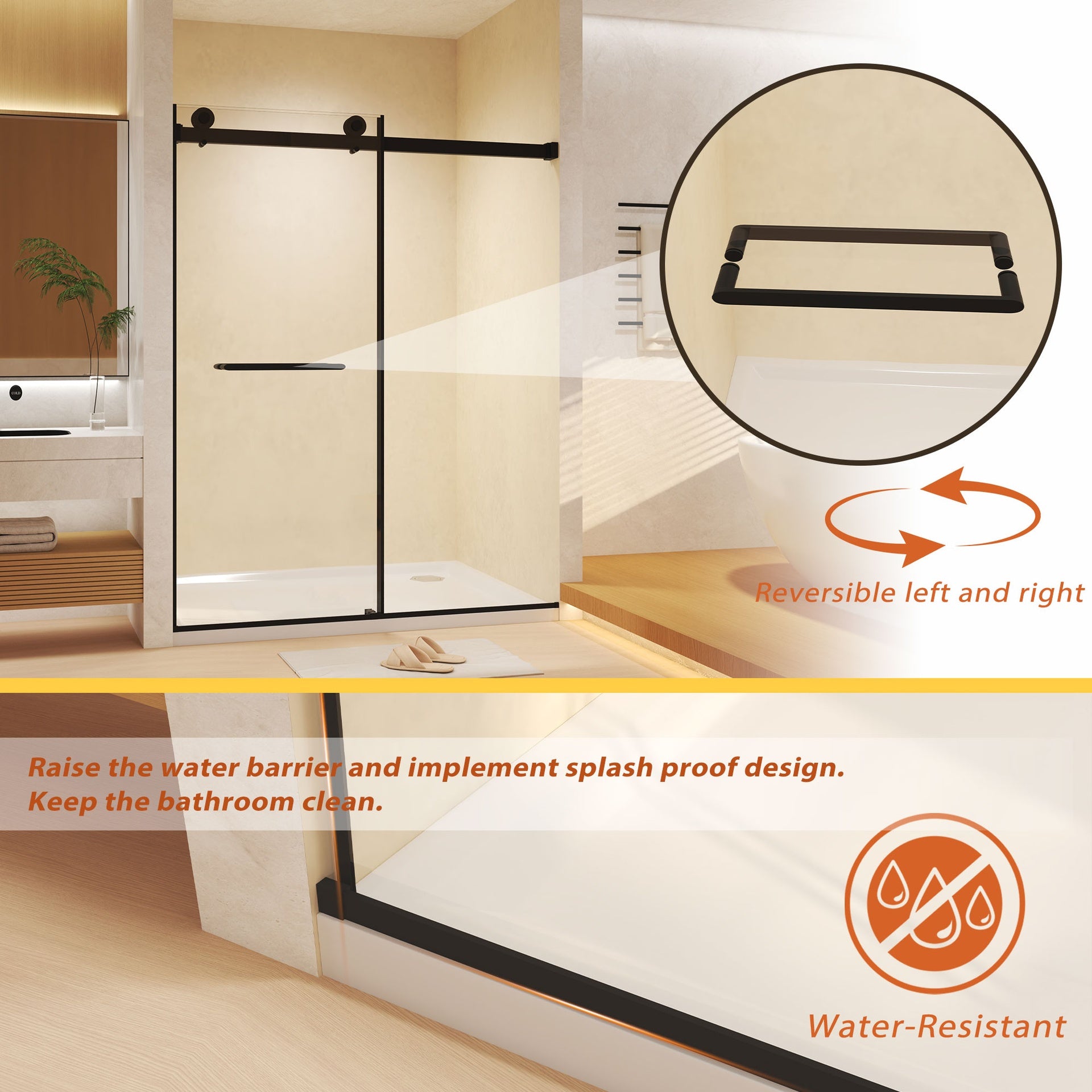 Frameless Double Sliding  Shower Door 44-48 "W x 74" H, 5/16 "(8mm) Tempered Glass, Explosion Proof Film, Stainless Steel Handle, Square Tube Track, Matte Black