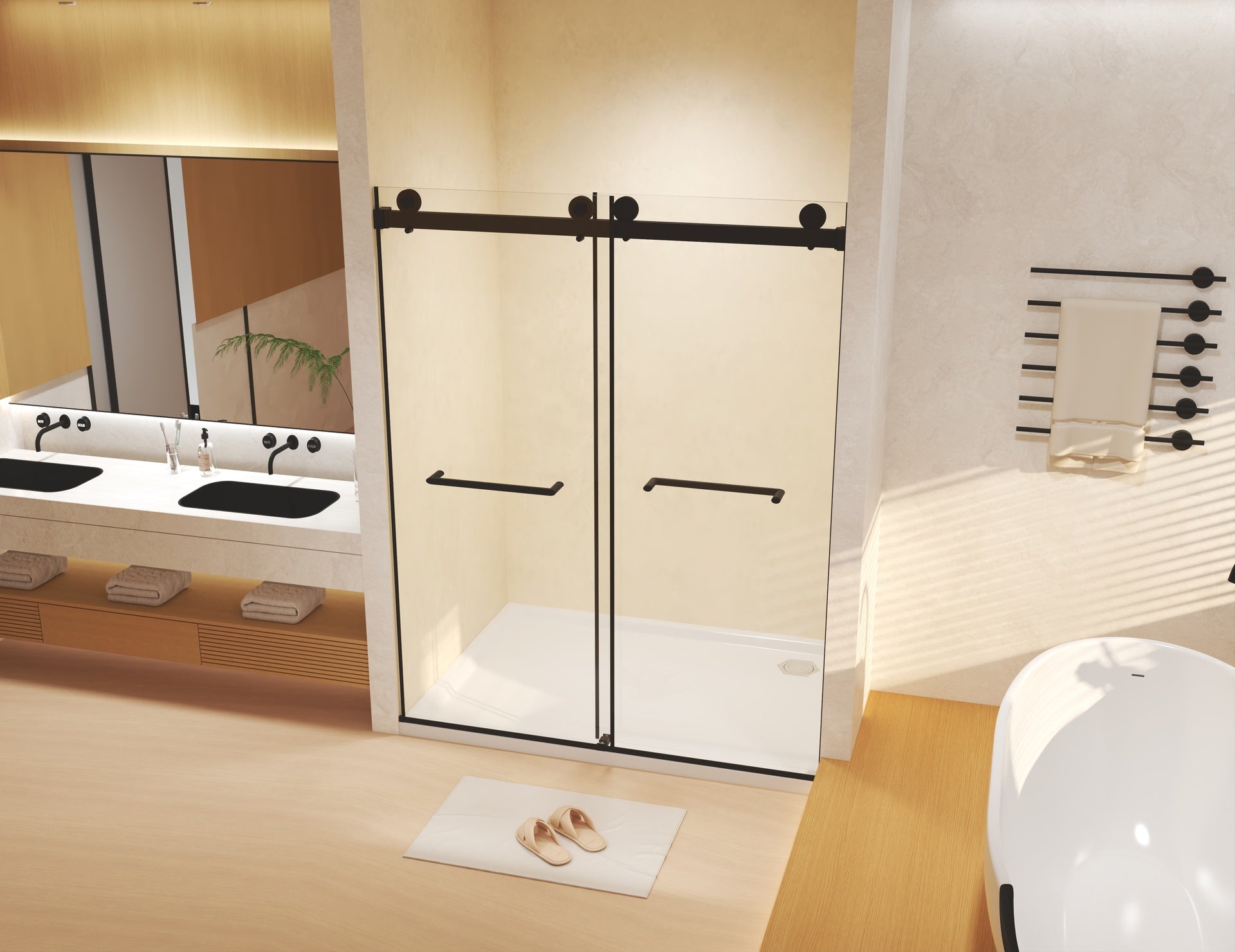 Frameless Double Sliding  Shower Door 44-48 "W x 74" H, 5/16 "(8mm) Tempered Glass, Explosion Proof Film, Stainless Steel Handle, Square Tube Track, Matte Black