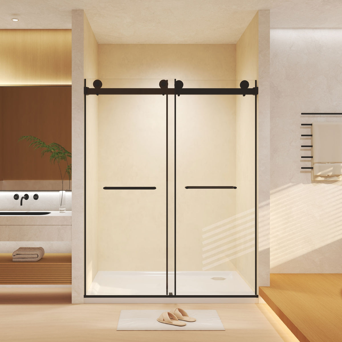 Frameless Double Sliding  Shower Door 44-48 "W x 74" H, 5/16 "(8mm) Tempered Glass, Explosion Proof Film, Stainless Steel Handle, Square Tube Track, Matte Black