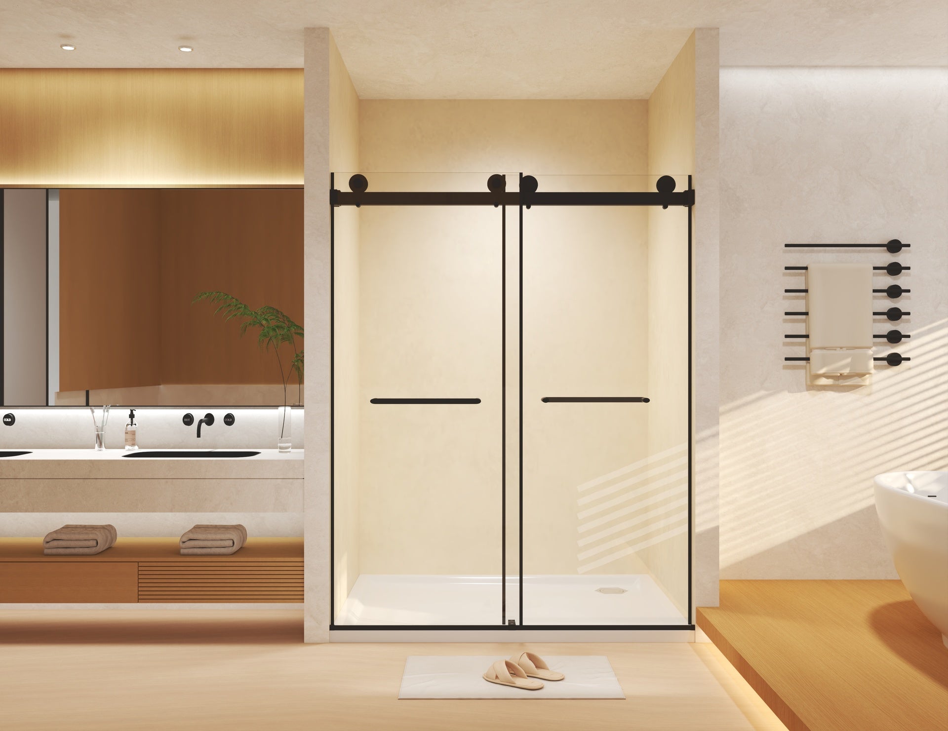 Frameless Double Sliding  Shower Door 44-48 "W x 74" H, 5/16 "(8mm) Tempered Glass, Explosion Proof Film, Stainless Steel Handle, Square Tube Track, Matte Black