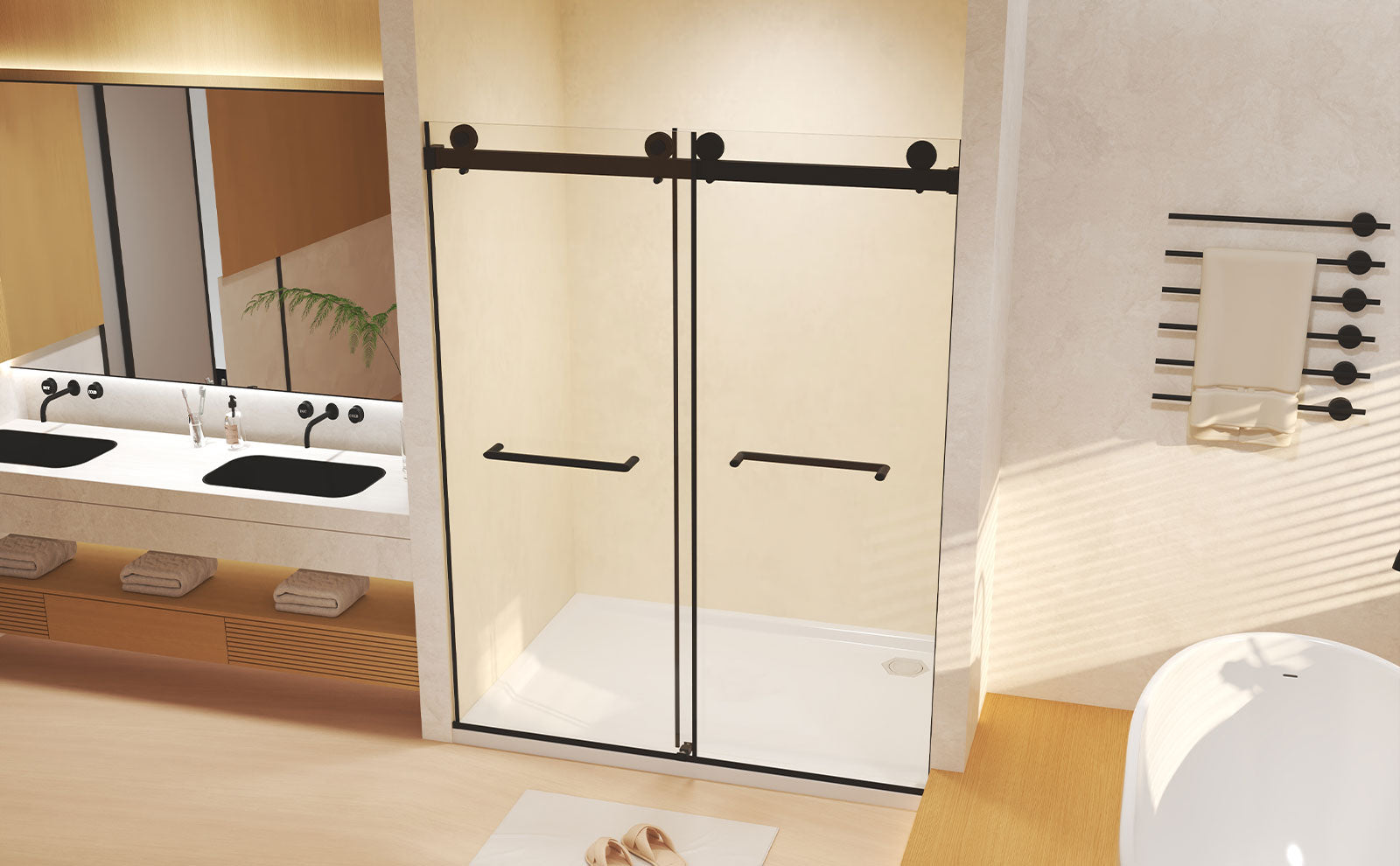 Frameless Double Sliding  Shower Door 44-48 "W x 74" H, 5/16 "(8mm) Tempered Glass, Explosion Proof Film, Stainless Steel Handle, Square Tube Track, Matte Black