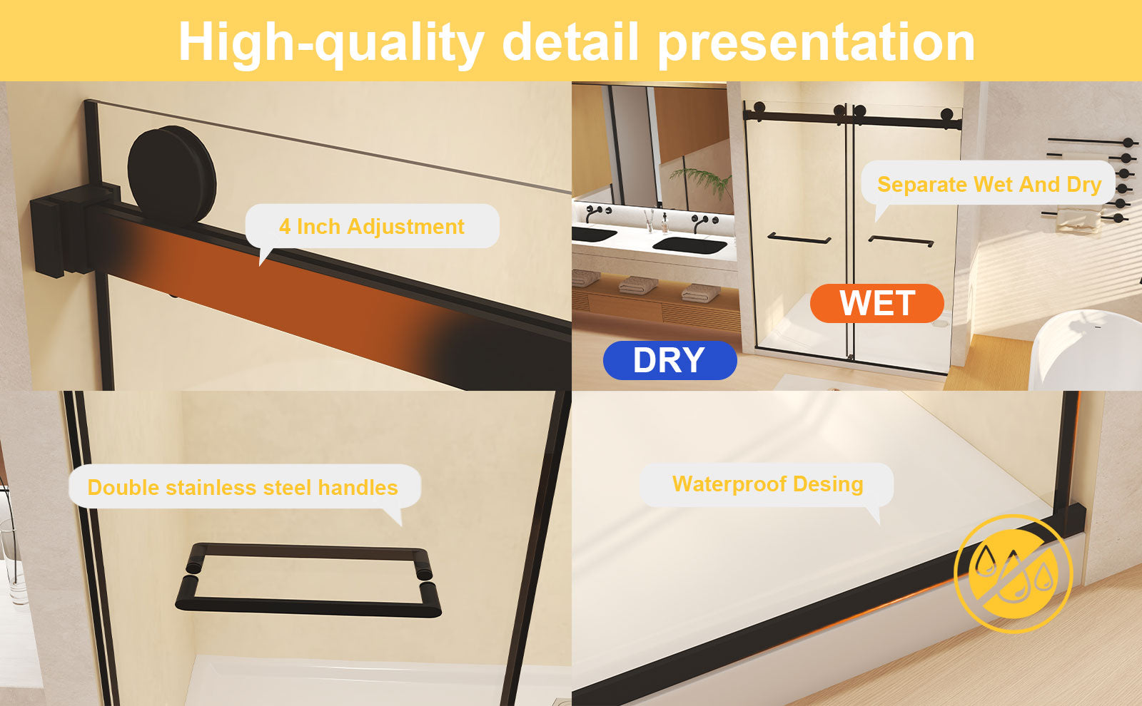 Frameless Double Sliding  Shower Door 44-48 "W x 74" H, 5/16 "(8mm) Tempered Glass, Explosion Proof Film, Stainless Steel Handle, Square Tube Track, Matte Black