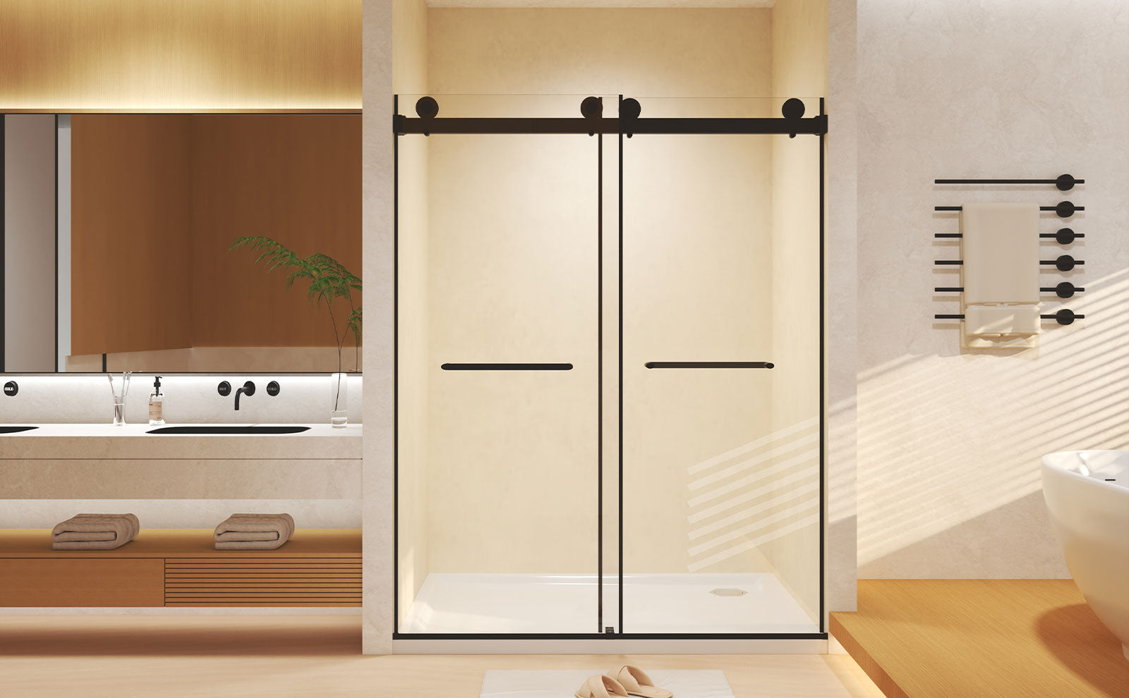 Frameless Double Sliding  Shower Door 44-48 "W x 74" H, 5/16 "(8mm) Tempered Glass, Explosion Proof Film, Stainless Steel Handle, Square Tube Track, Matte Black