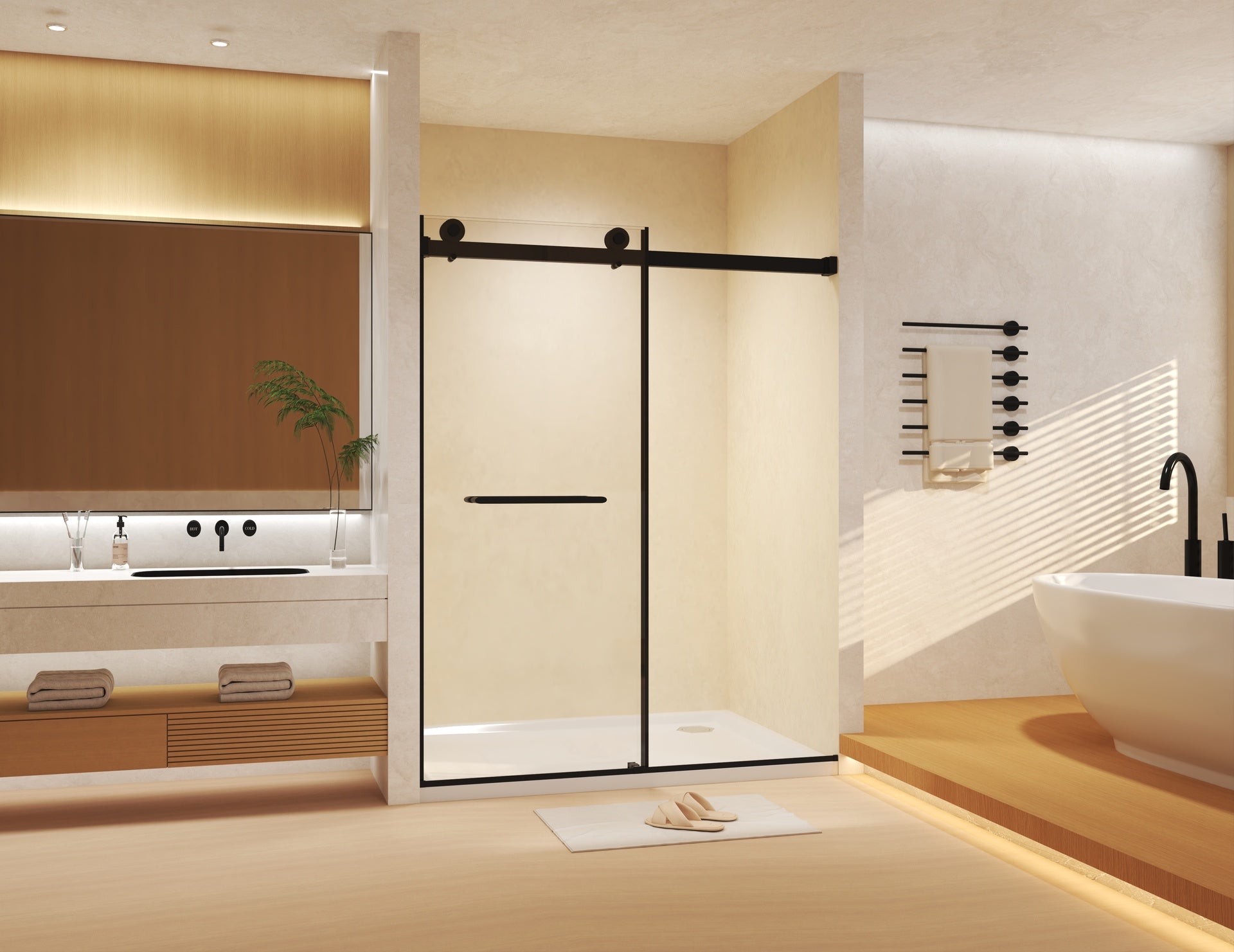 Frameless Double Sliding  Shower Door 44-48 "W x 74" H, 5/16 "(8mm) Tempered Glass, Explosion Proof Film, Stainless Steel Handle, Square Tube Track, Matte Black