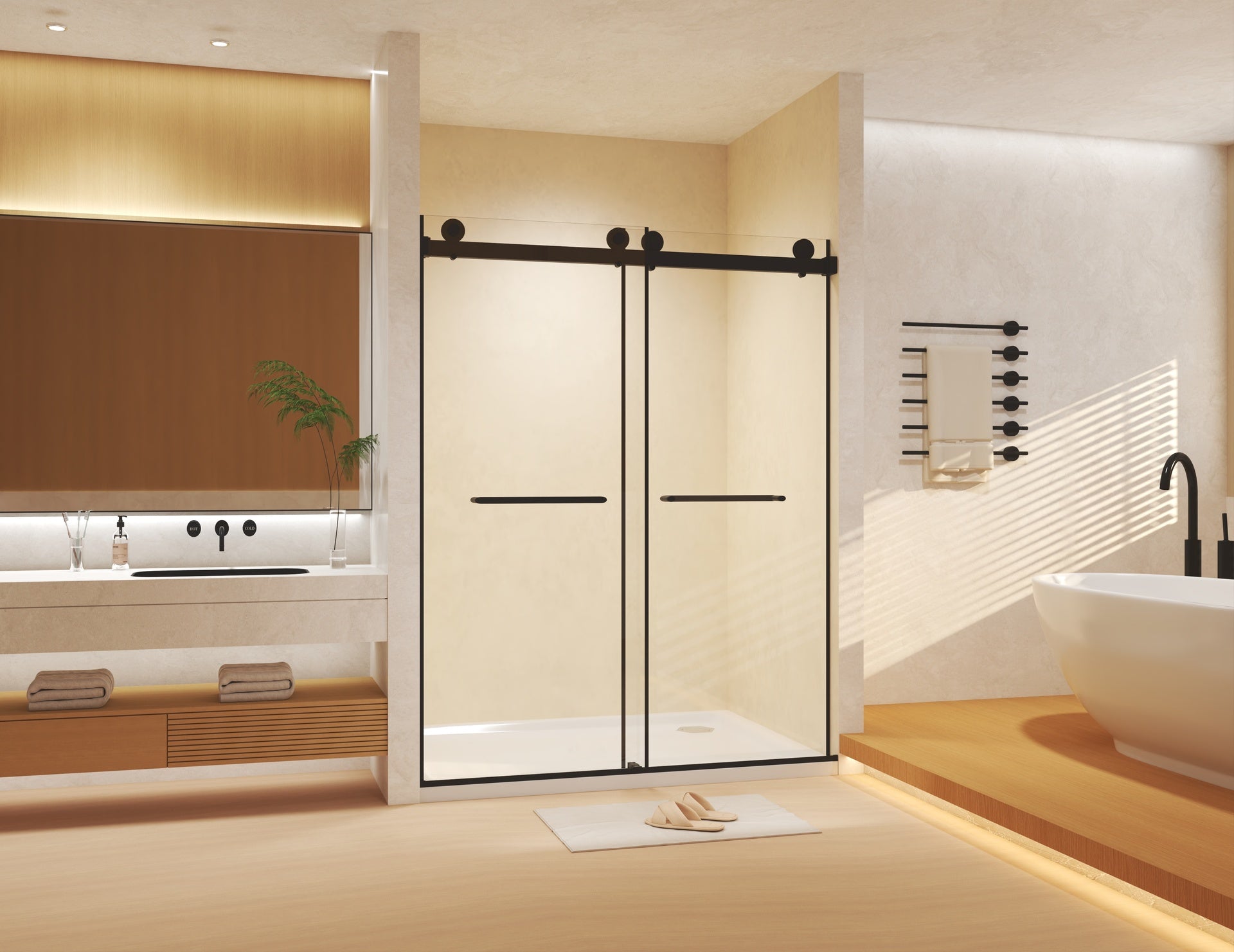 Frameless Double Sliding  Shower Door 44-48 "W x 74" H, 5/16 "(8mm) Tempered Glass, Explosion Proof Film, Stainless Steel Handle, Square Tube Track, Matte Black