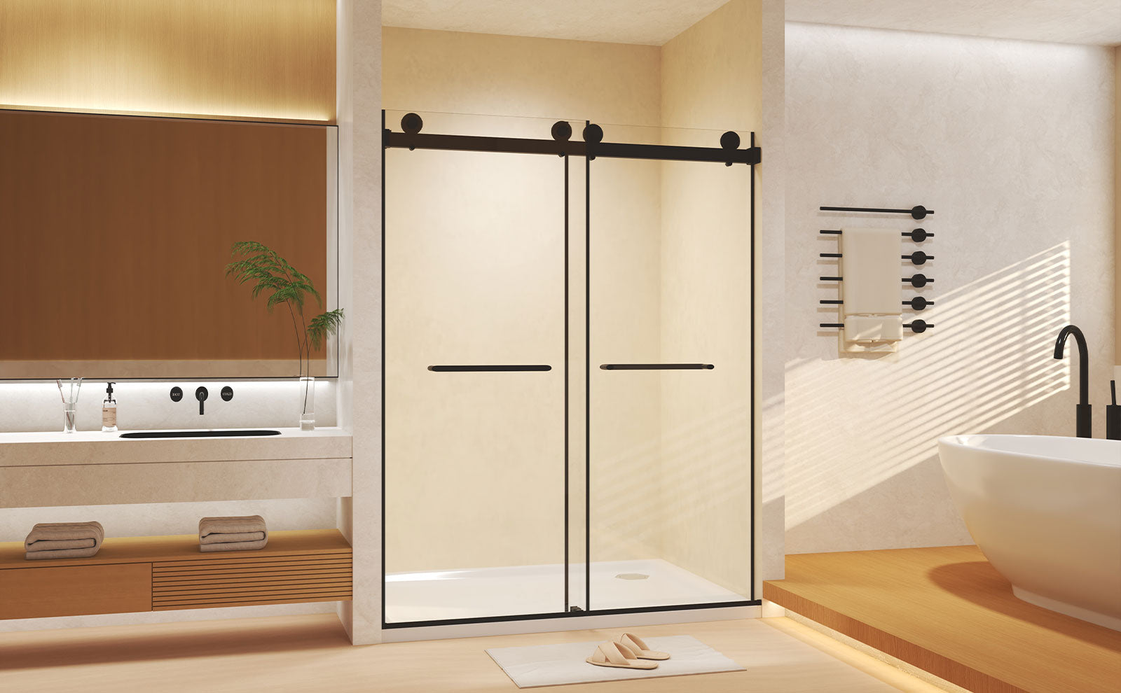 Frameless Double Sliding  Shower Door 44-48 "W x 74" H, 5/16 "(8mm) Tempered Glass, Explosion Proof Film, Stainless Steel Handle, Square Tube Track, Matte Black