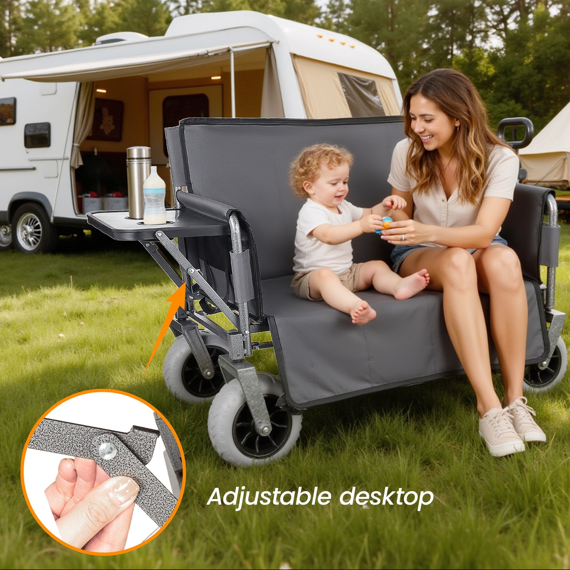 3-in-1 Collapsible Wagon Converts to Bench Convertible Folding Wagon Cart with Canopy &Rear-Mounted Folding Tabletop, 500lbs Heavy-Duty, 180L Capacity for Camping, Beach, Garden, Fishing-Gray