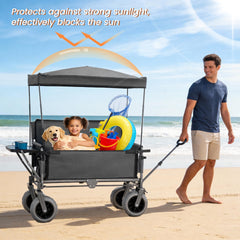 3-in-1 Collapsible Wagon Converts to Bench Convertible Folding Wagon Cart with Canopy &Rear-Mounted Folding Tabletop, 500lbs Heavy-Duty, 180L Capacity for Camping, Beach, Garden, Fishing-Gray