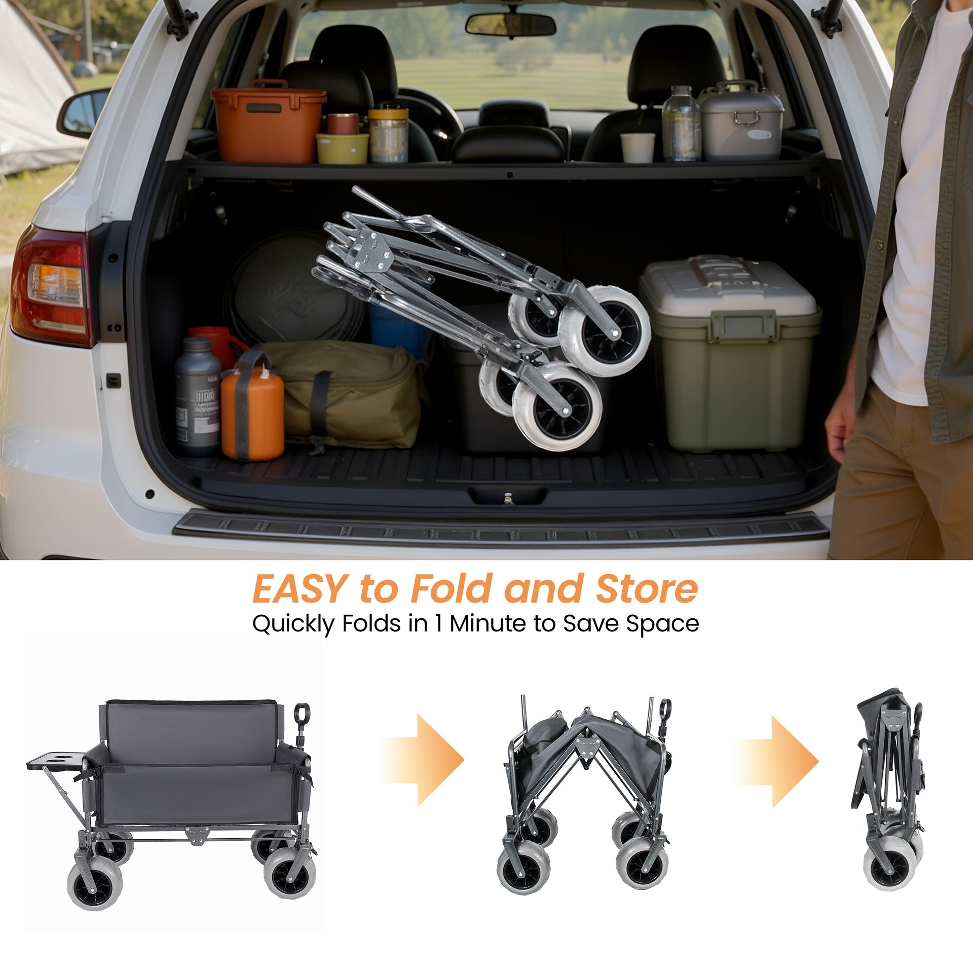 3-in-1 Collapsible Wagon Converts to Bench Convertible Folding Wagon Cart with Canopy &Rear-Mounted Folding Tabletop, 500lbs Heavy-Duty, 180L Capacity for Camping, Beach, Garden, Fishing-Gray