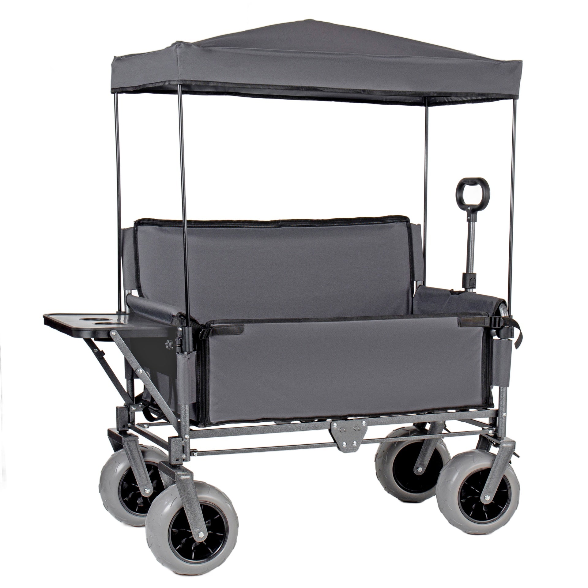 3-in-1 Collapsible Wagon Converts to Bench Convertible Folding Wagon Cart with Canopy &Rear-Mounted Folding Tabletop, 500lbs Heavy-Duty, 180L Capacity for Camping, Beach, Garden, Fishing-Gray