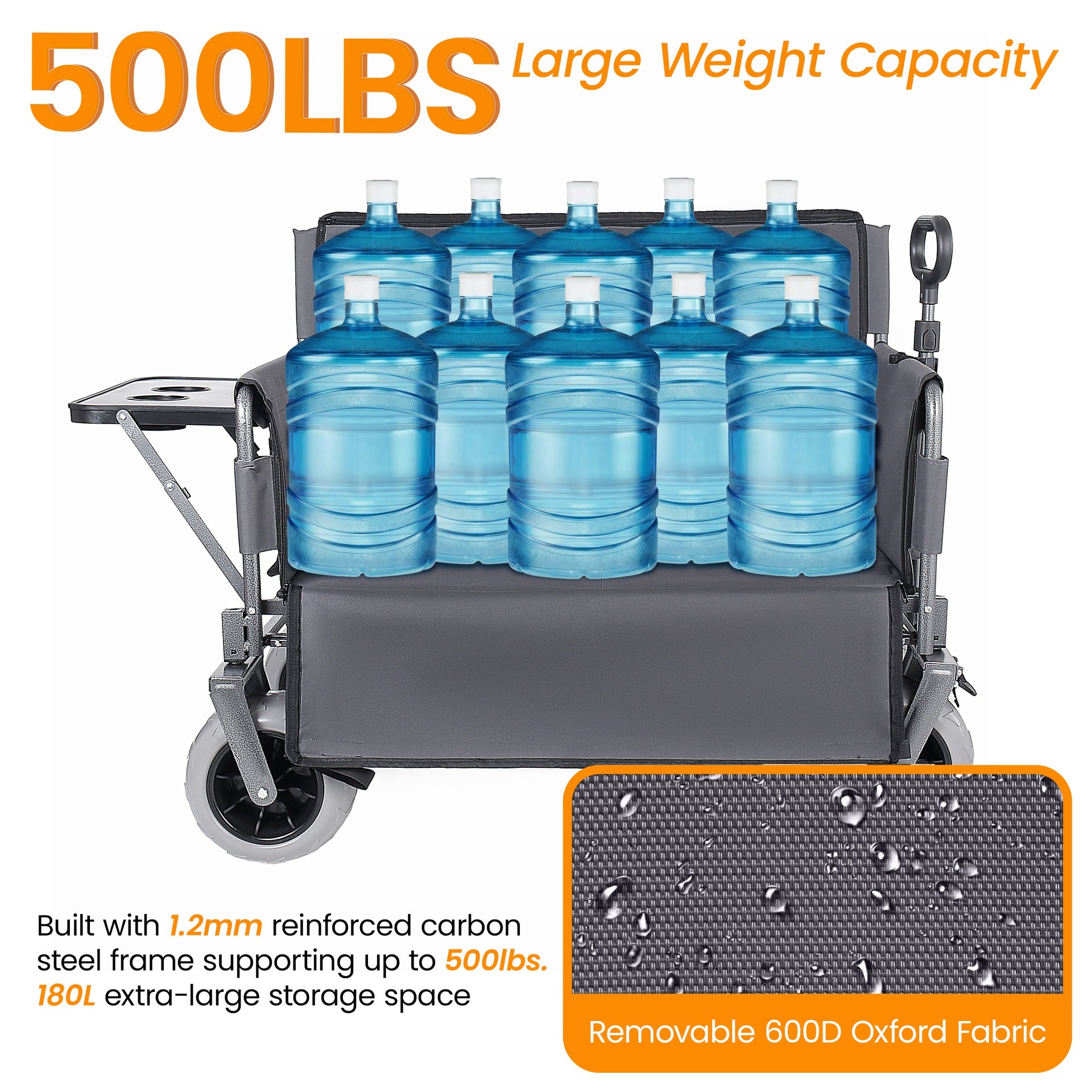3-in-1 Collapsible Wagon Converts to Bench Convertible Folding Wagon Cart with Canopy &Rear-Mounted Folding Tabletop, 500lbs Heavy-Duty, 180L Capacity for Camping, Beach, Garden, Fishing-Gray
