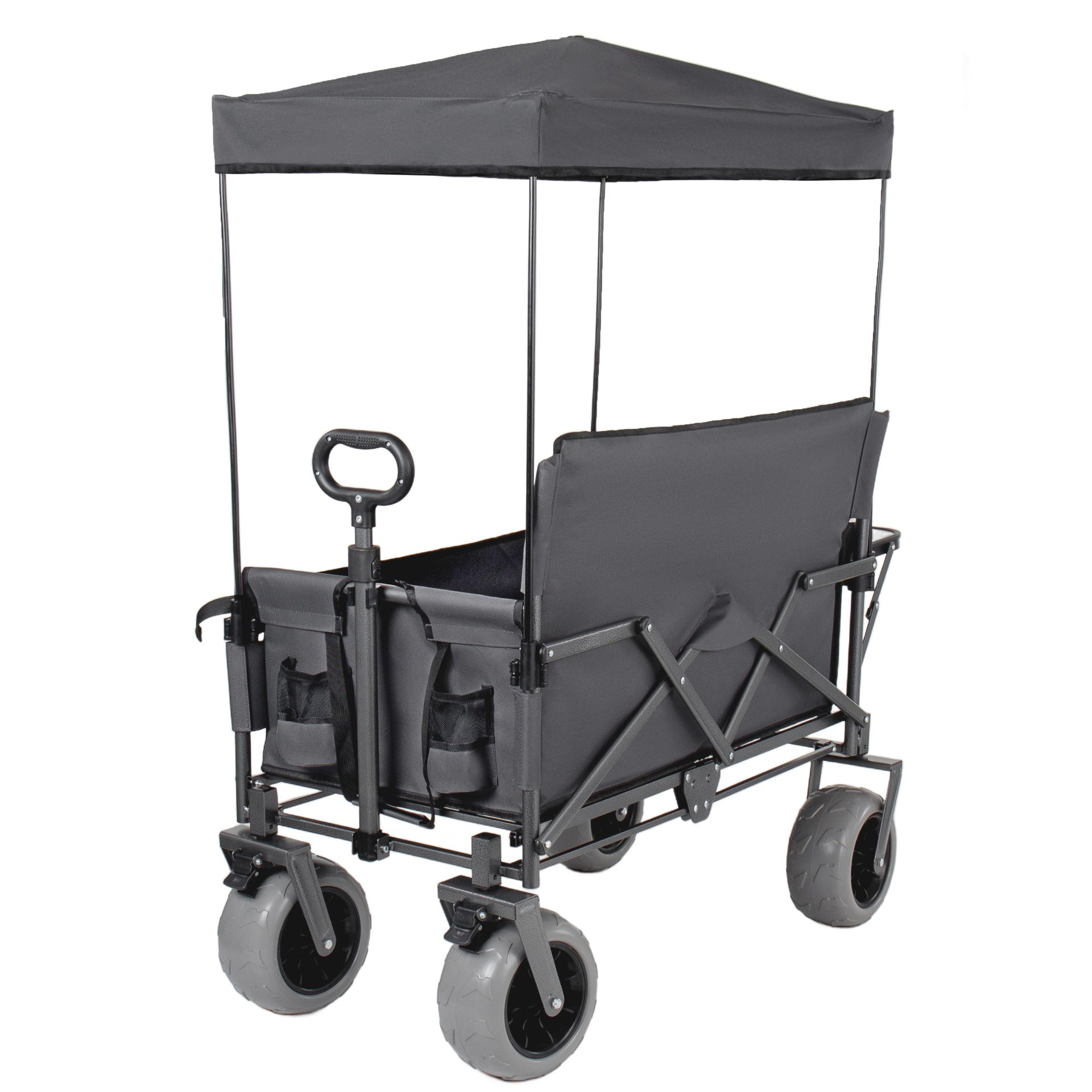 3-in-1 Collapsible Wagon Converts to Bench Convertible Folding Wagon Cart with Canopy &Rear-Mounted Folding Tabletop, 500lbs Heavy-Duty, 180L Capacity for Camping, Beach, Garden, Fishing-Gray