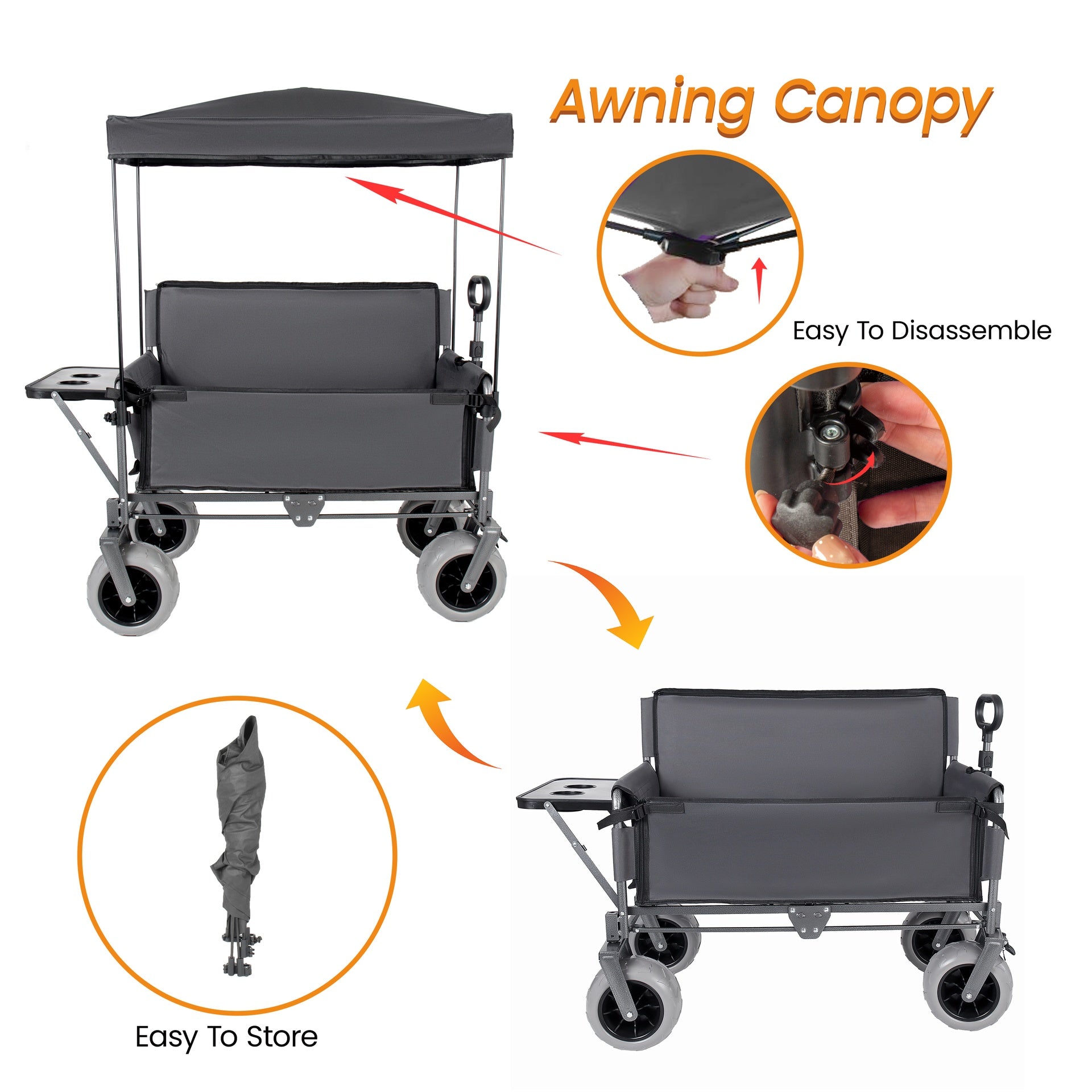 3-in-1 Collapsible Wagon Converts to Bench Convertible Folding Wagon Cart with Canopy &Rear-Mounted Folding Tabletop, 500lbs Heavy-Duty, 180L Capacity for Camping, Beach, Garden, Fishing-Gray