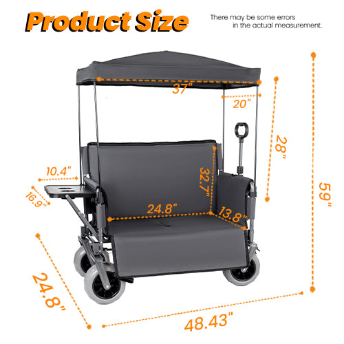 3-in-1 Collapsible Wagon Converts to Bench Convertible Folding Wagon Cart with Canopy &Rear-Mounted Folding Tabletop, 500lbs Heavy-Duty, 180L Capacity for Camping, Beach, Garden, Fishing-Gray