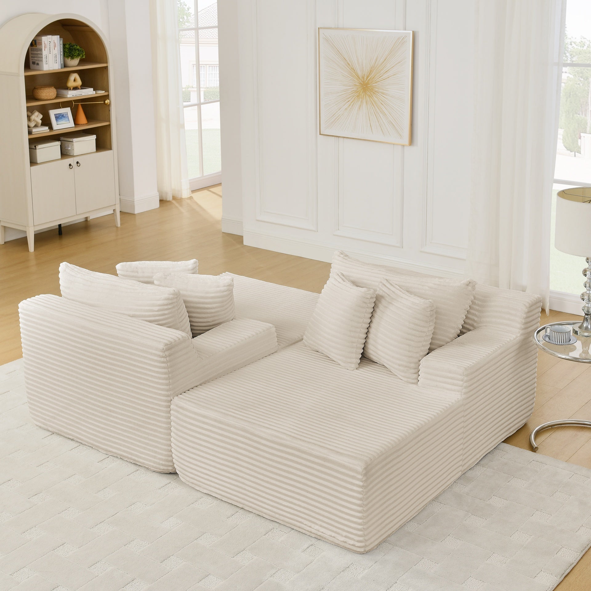 Two-seater lazy sofa lounge chair,Compressed sofa no assembly required, made of velvet fabric, fluffy modern lounge chair, used for indoor living rooms and bedrooms-Beige