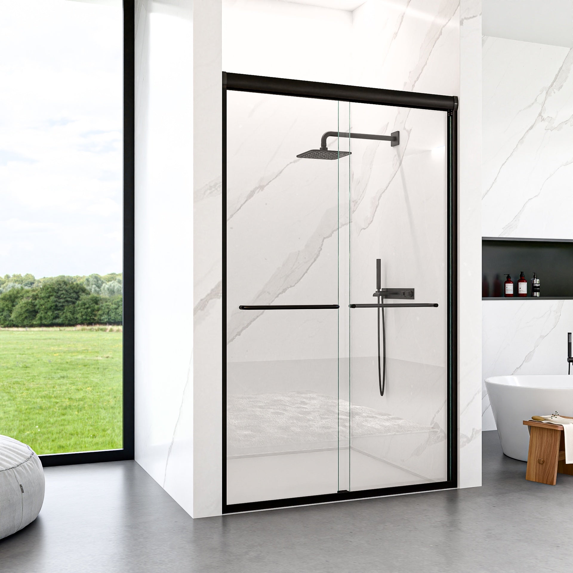 44"-48"W*72" H Semi-Frameless Double Sliding Shower Door, Bypass Shower Door, 1/4" (6mm) Thick SGCC Tempered Glass Door, Matte Black