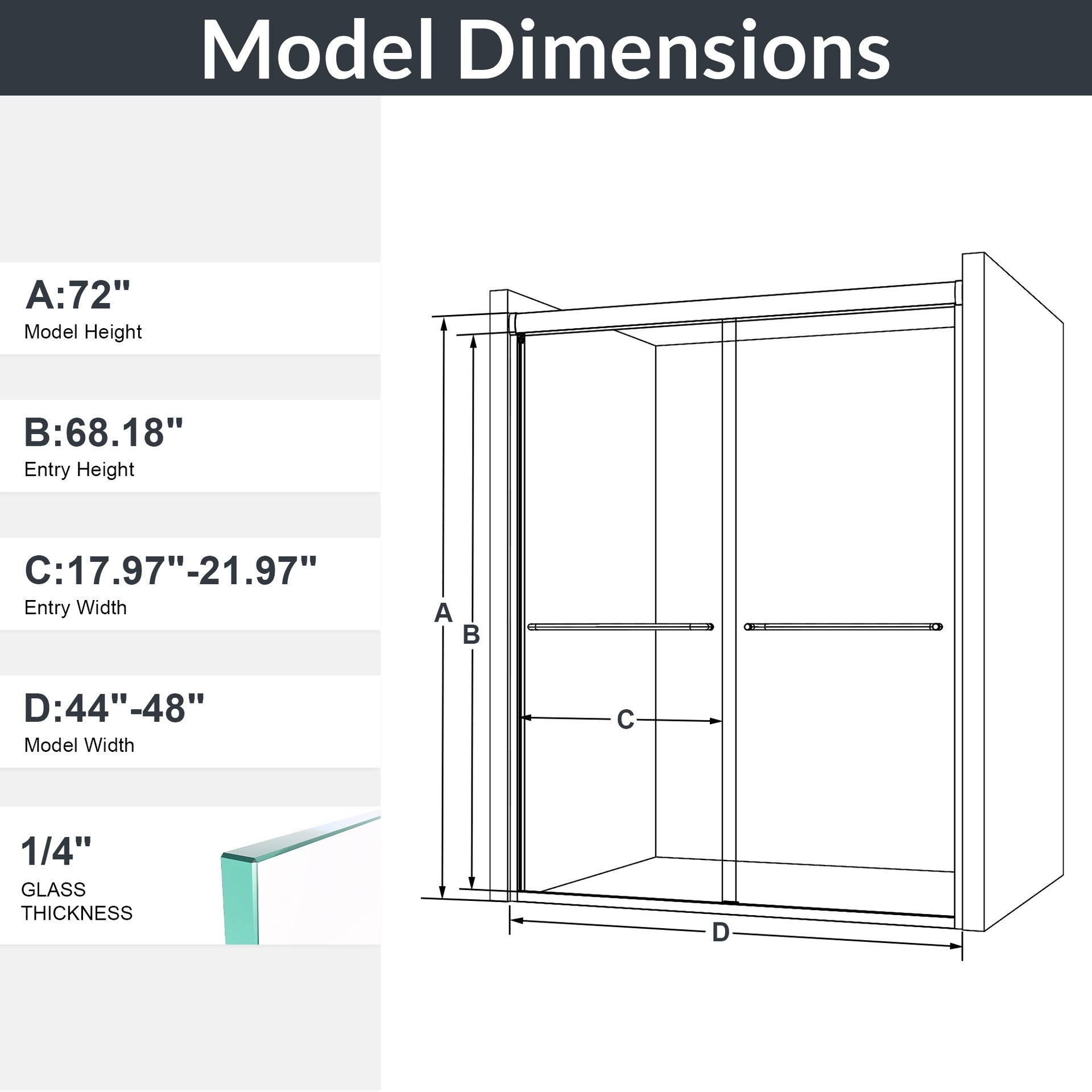 44"-48"W*72" H Semi-Frameless Double Sliding Shower Door, Bypass Shower Door, 1/4" (6mm) Thick SGCC Tempered Glass Door, Matte Black