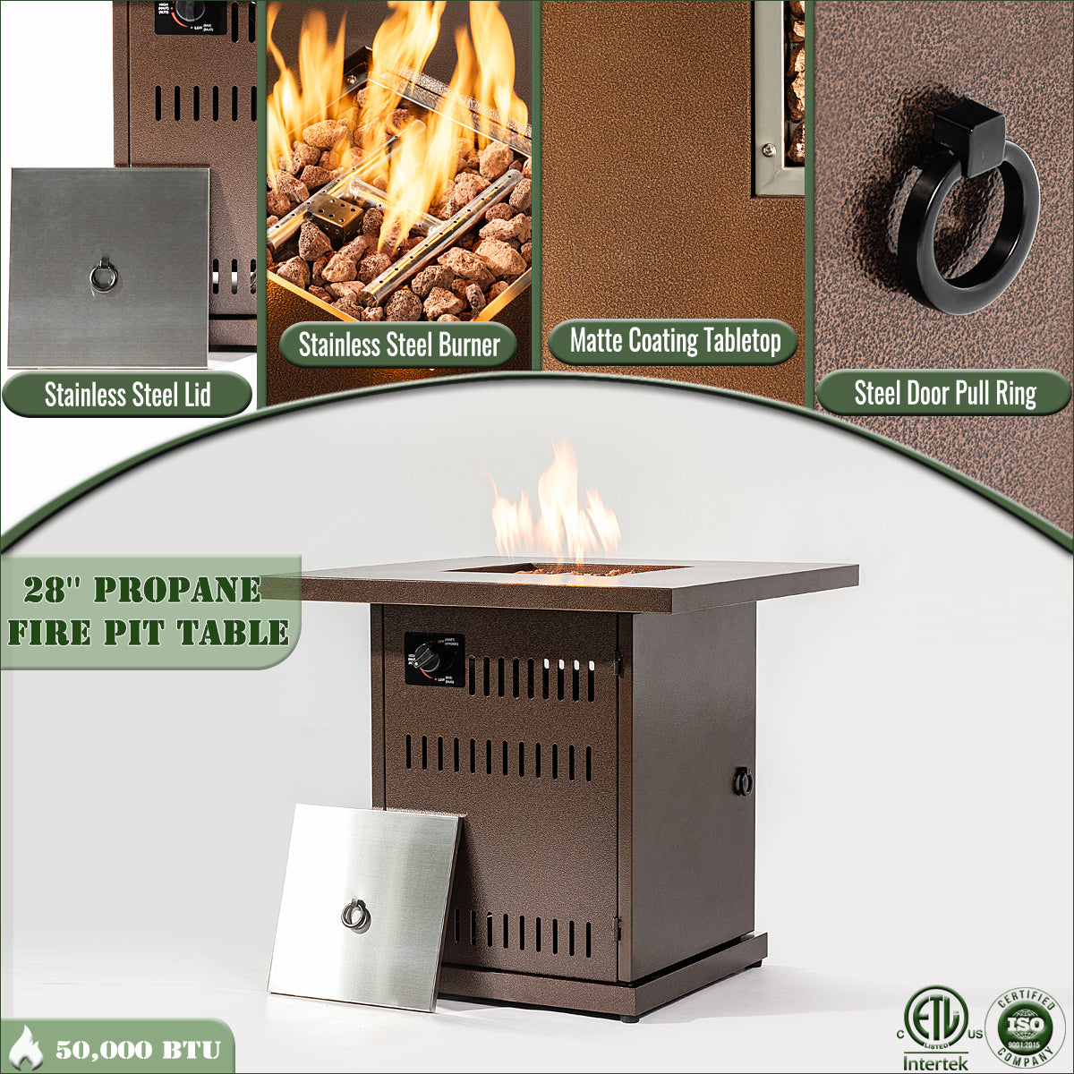 28" Propane Gas Fire Pit Table, 50000 BTU Square Steel Fire Pit for Outside Patio Deck Garden Courtyard-Brown