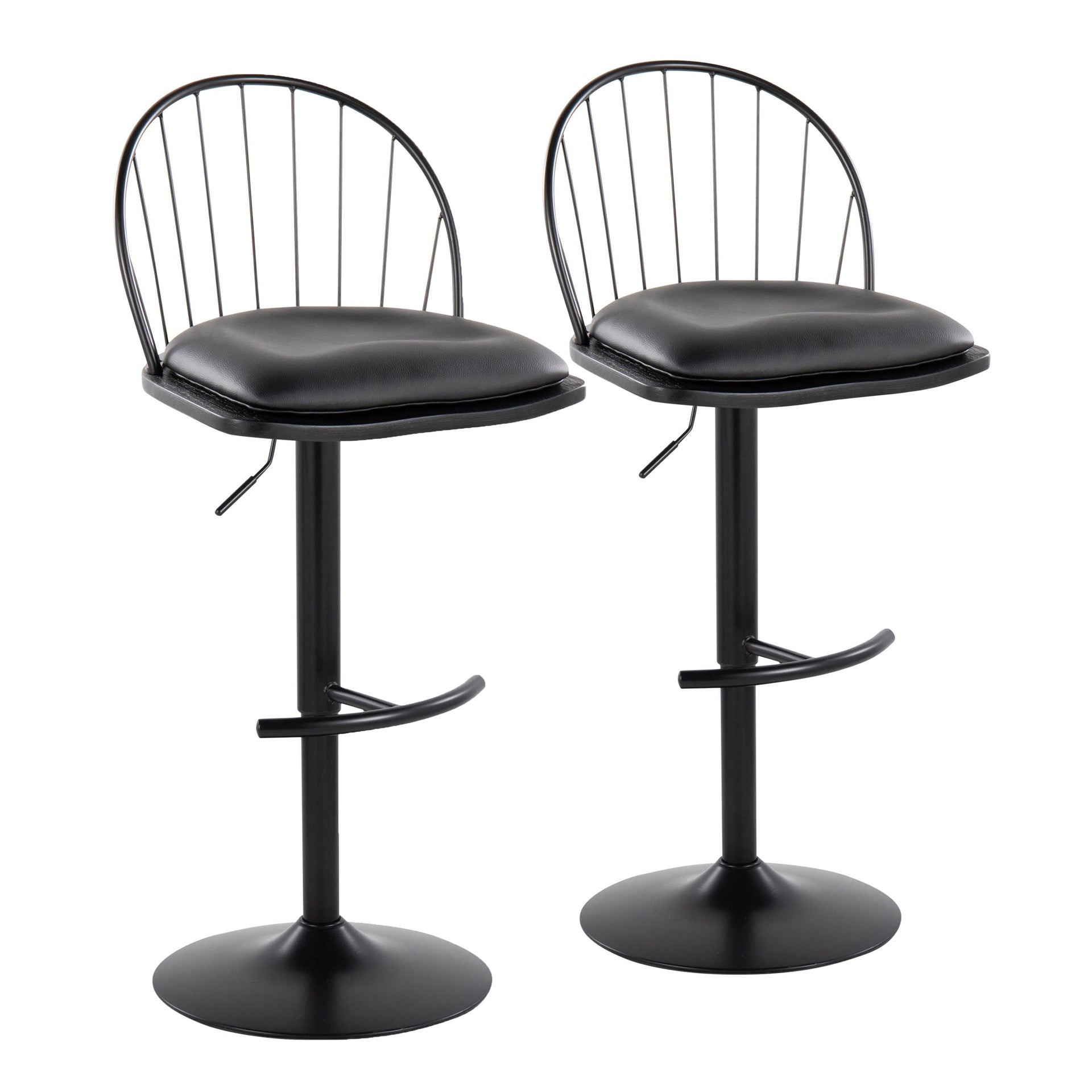 Riley Farmhouse Adjustable Height Barstool with Swivel in Black Metal, Black Wood and Black Faux Leather with Rounded "T" Footrest by LumiSource - Set of 2