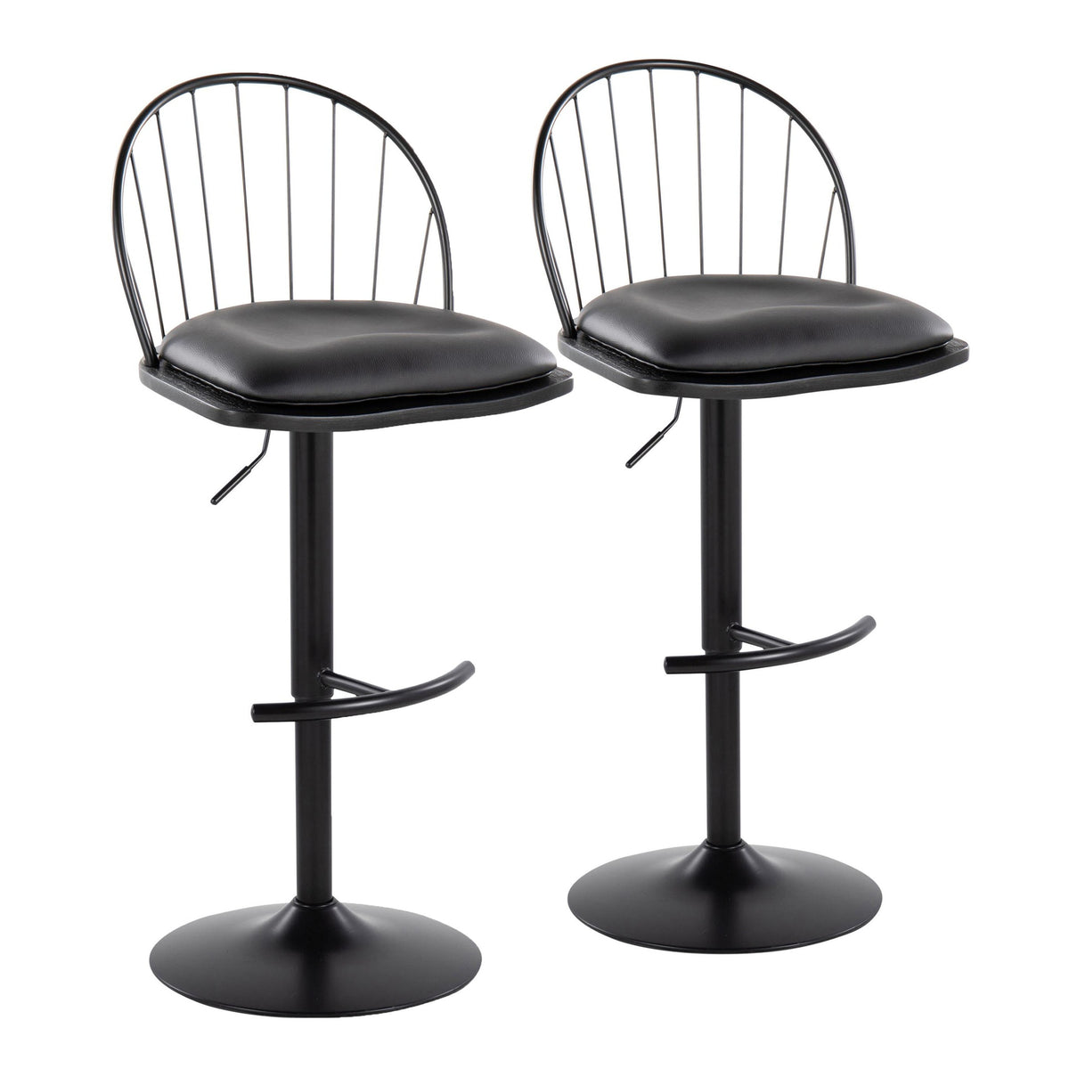 Riley Farmhouse Adjustable Height Barstool with Swivel in Black Metal, Black Wood and Black Faux Leather with Rounded "T" Footrest by LumiSource - Set of 2