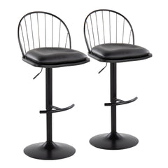Riley Farmhouse Adjustable Height Barstool with Swivel in Black Metal, Black Wood and Black Faux Leather with Rounded "T" Footrest by LumiSource - Set of 2