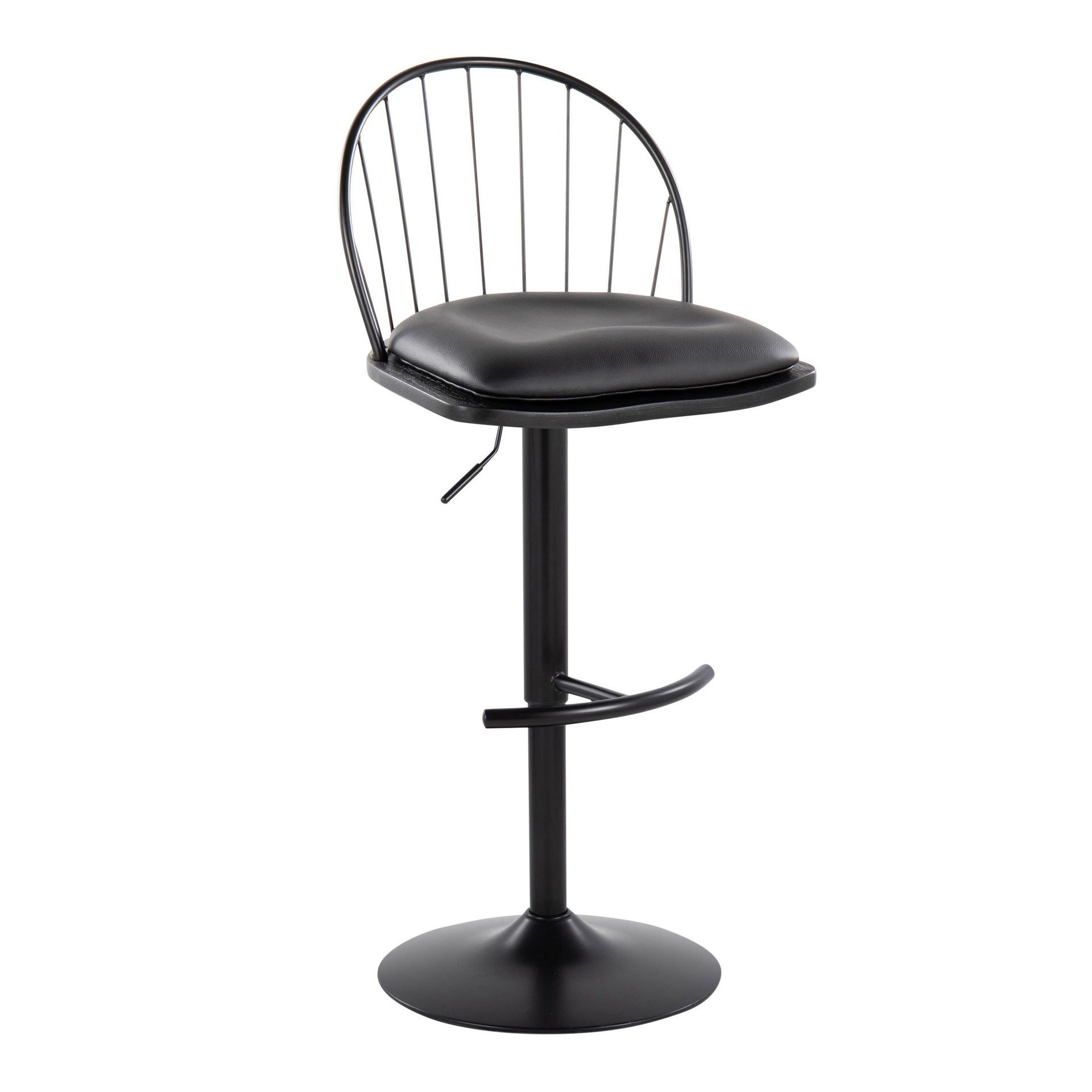 Riley Farmhouse Adjustable Height Barstool with Swivel in Black Metal, Black Wood and Black Faux Leather with Rounded "T" Footrest by LumiSource - Set of 2