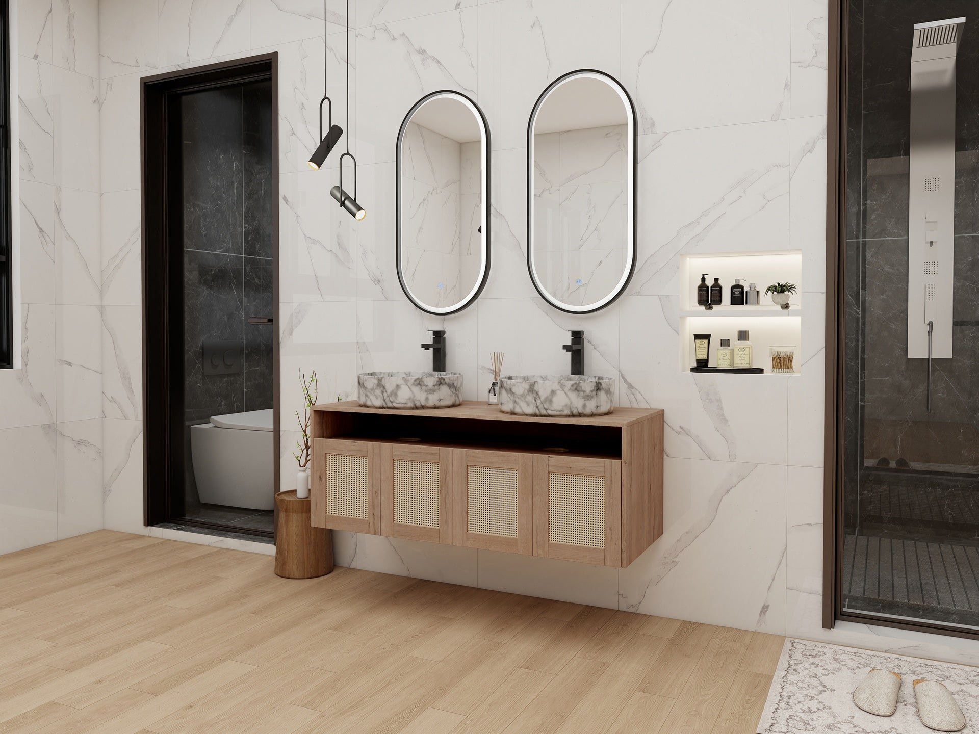 48" Bathroom Vanity with 2-Ceramic Art Sink, 4-Soft Close Door, Float Mounting Design, Plywood (KD-Packing)